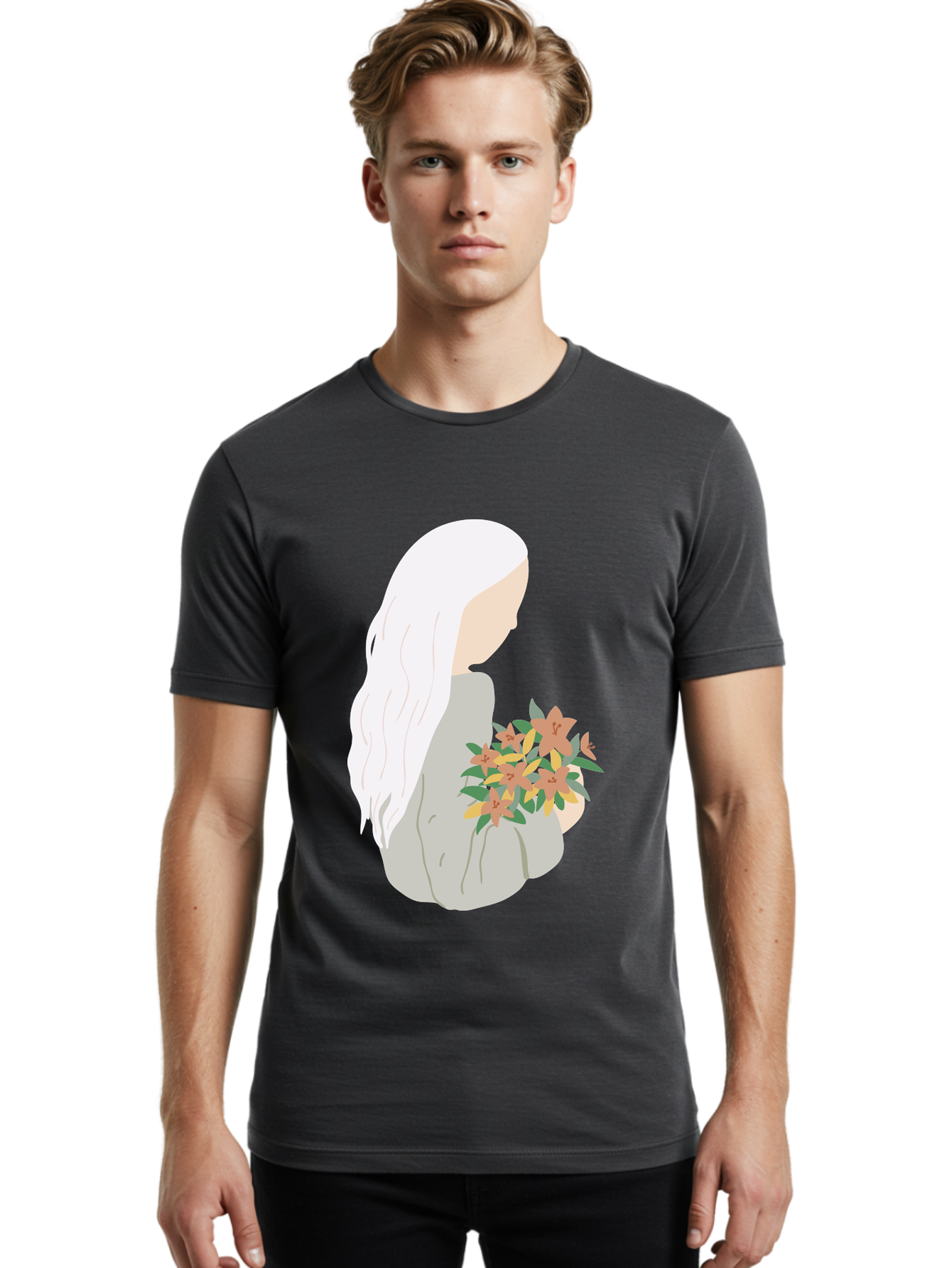 Woman-Holding-Flowers Men'S Graphic Tee, 100% Cotton, Comfortable Casual Summer Wear, Machine Washable, Woman With White Hair, Holding Flowers, Floral Arrangement, Pastel Colors, Gentle Gesture, Soft Illustration, Minimalist Style, Aae063 14