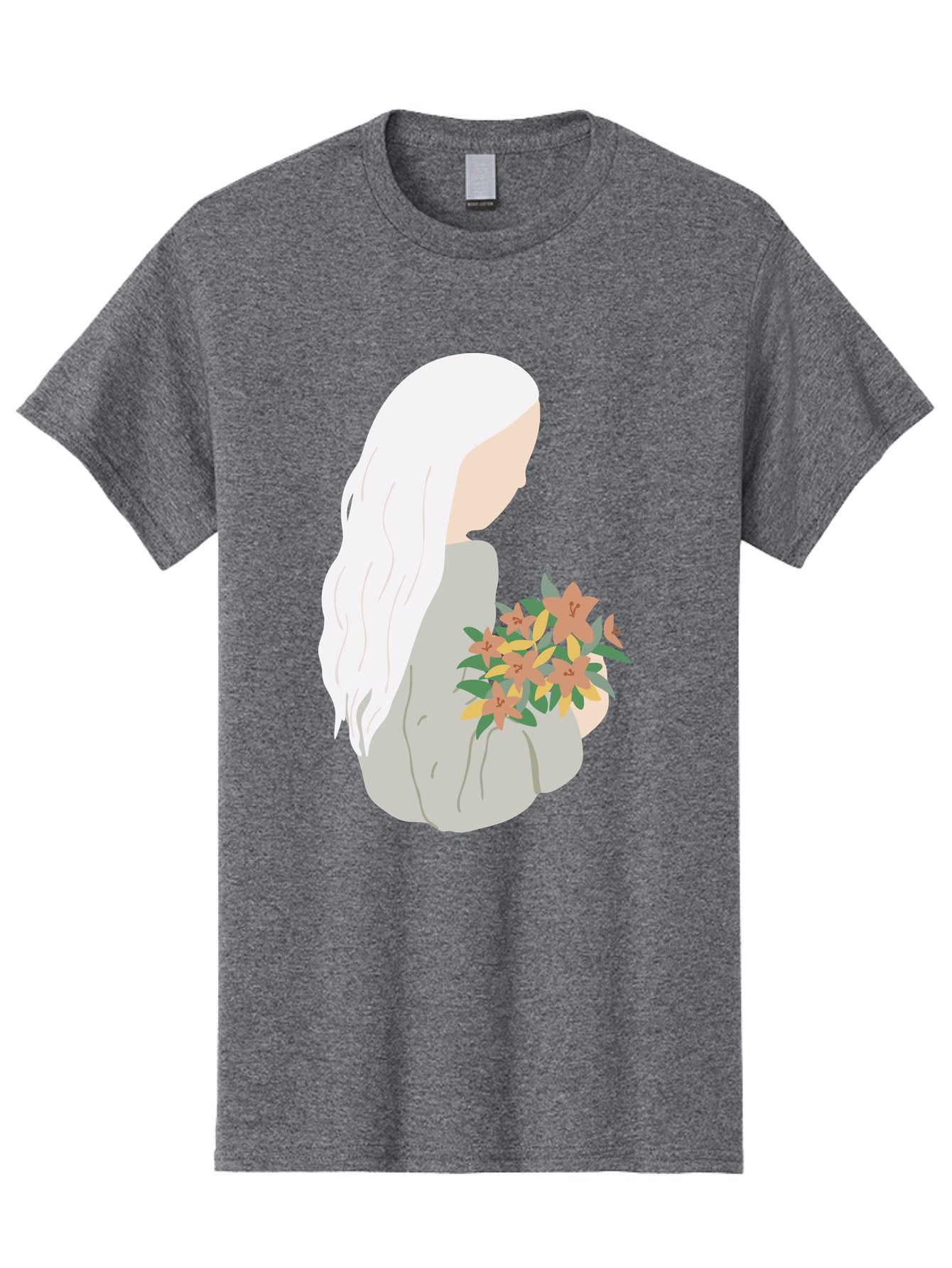 Woman-Holding-Flowers Men'S Graphic Tee, 100% Cotton, Comfortable Casual Summer Wear, Machine Washable, Woman With White Hair, Holding Flowers, Floral Arrangement, Pastel Colors, Gentle Gesture, Soft Illustration, Minimalist Style, Aae063 5