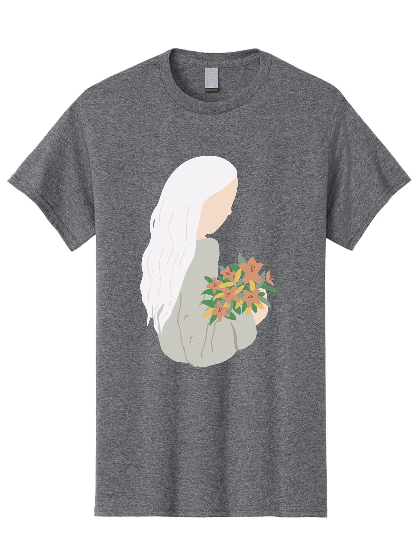Woman-Holding-Flowers Men'S Graphic Tee, 100% Cotton, Comfortable Casual Summer Wear, Machine Washable, Woman With White Hair, Holding Flowers, Floral Arrangement, Pastel Colors, Gentle Gesture, Soft Illustration, Minimalist Style, Aae063 15