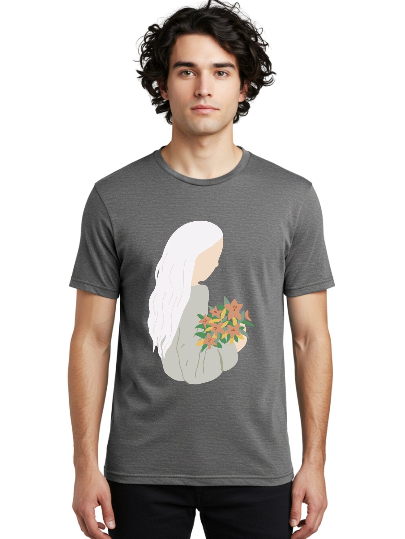 Woman-Holding-Flowers Men'S Graphic Tee, 100% Cotton, Comfortable Casual Summer Wear, Machine Washable, Woman With White Hair, Holding Flowers, Floral Arrangement, Pastel Colors, Gentle Gesture, Soft Illustration, Minimalist Style, Aae063 23