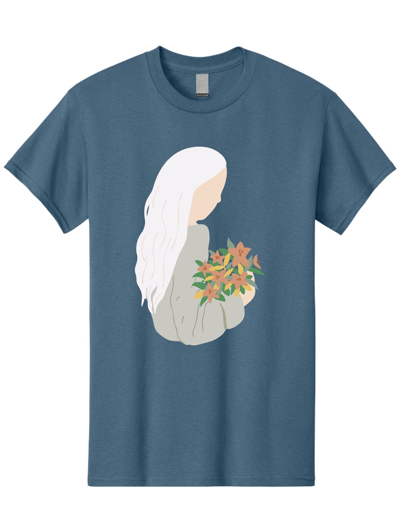 Woman-Holding-Flowers Men'S Graphic Tee, 100% Cotton, Comfortable Casual Summer Wear, Machine Washable, Woman With White Hair, Holding Flowers, Floral Arrangement, Pastel Colors, Gentle Gesture, Soft Illustration, Minimalist Style, Aae063