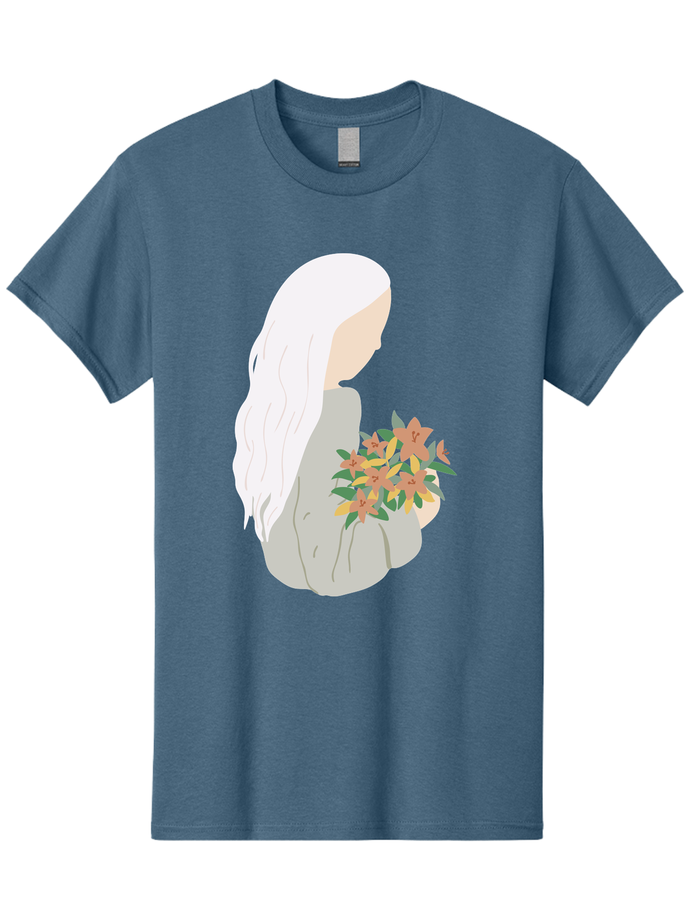 Woman-Holding-Flowers Men'S Graphic Tee, 100% Cotton, Comfortable Casual Summer Wear, Machine Washable, Woman With White Hair, Holding Flowers, Floral Arrangement, Pastel Colors, Gentle Gesture, Soft Illustration, Minimalist Style, Aae063 21