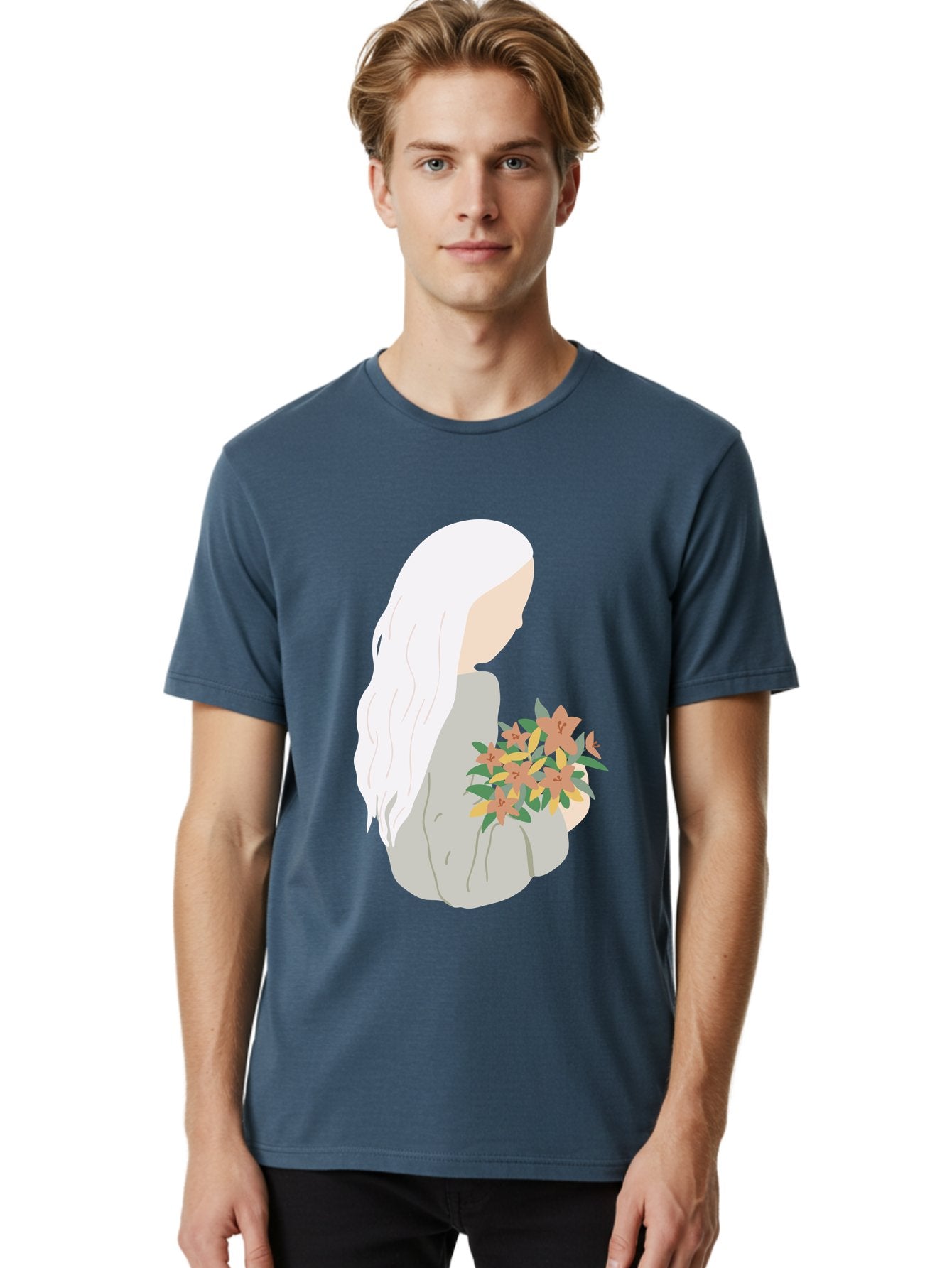 Woman-Holding-Flowers Men'S Graphic Tee, 100% Cotton, Comfortable Casual Summer Wear, Machine Washable, Woman With White Hair, Holding Flowers, Floral Arrangement, Pastel Colors, Gentle Gesture, Soft Illustration, Minimalist Style, Aae063 19