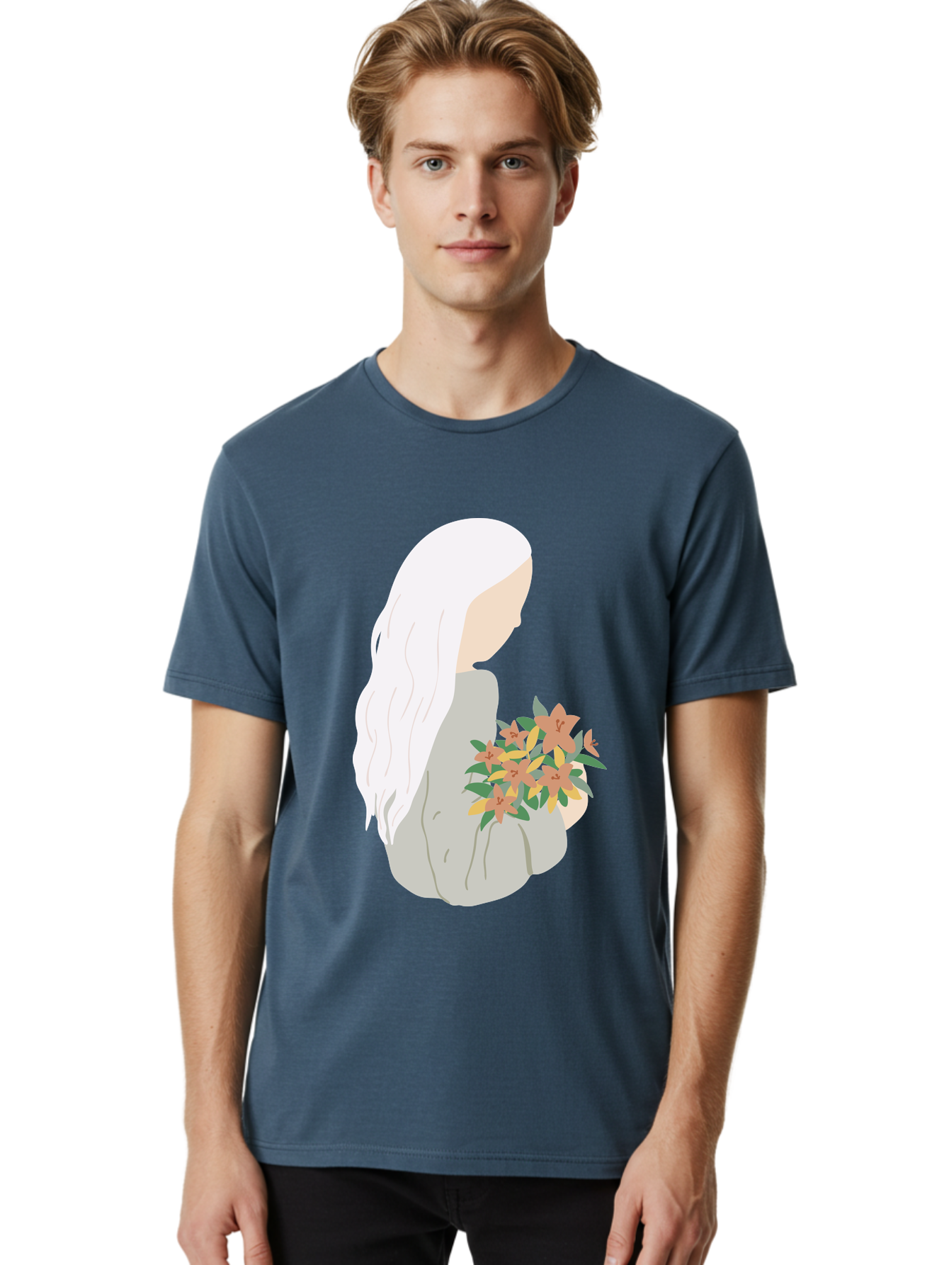 Woman-Holding-Flowers Men'S Graphic Tee, 100% Cotton, Comfortable Casual Summer Wear, Machine Washable, Woman With White Hair, Holding Flowers, Floral Arrangement, Pastel Colors, Gentle Gesture, Soft Illustration, Minimalist Style, Aae063 22
