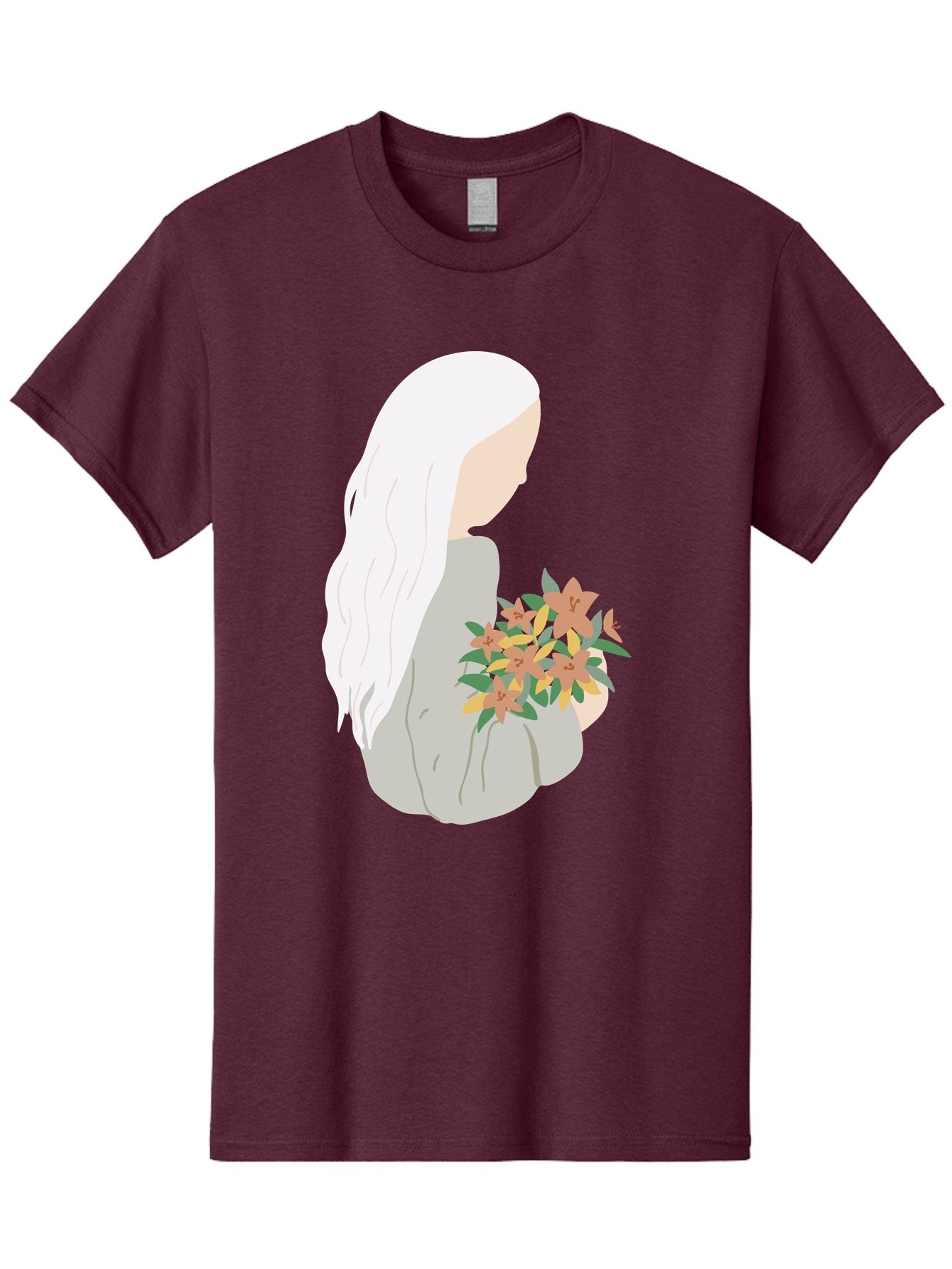 Woman-Holding-Flowers Men'S Graphic Tee, 100% Cotton, Comfortable Casual Summer Wear, Machine Washable, Woman With White Hair, Holding Flowers, Floral Arrangement, Pastel Colors, Gentle Gesture, Soft Illustration, Minimalist Style, Aae063 11