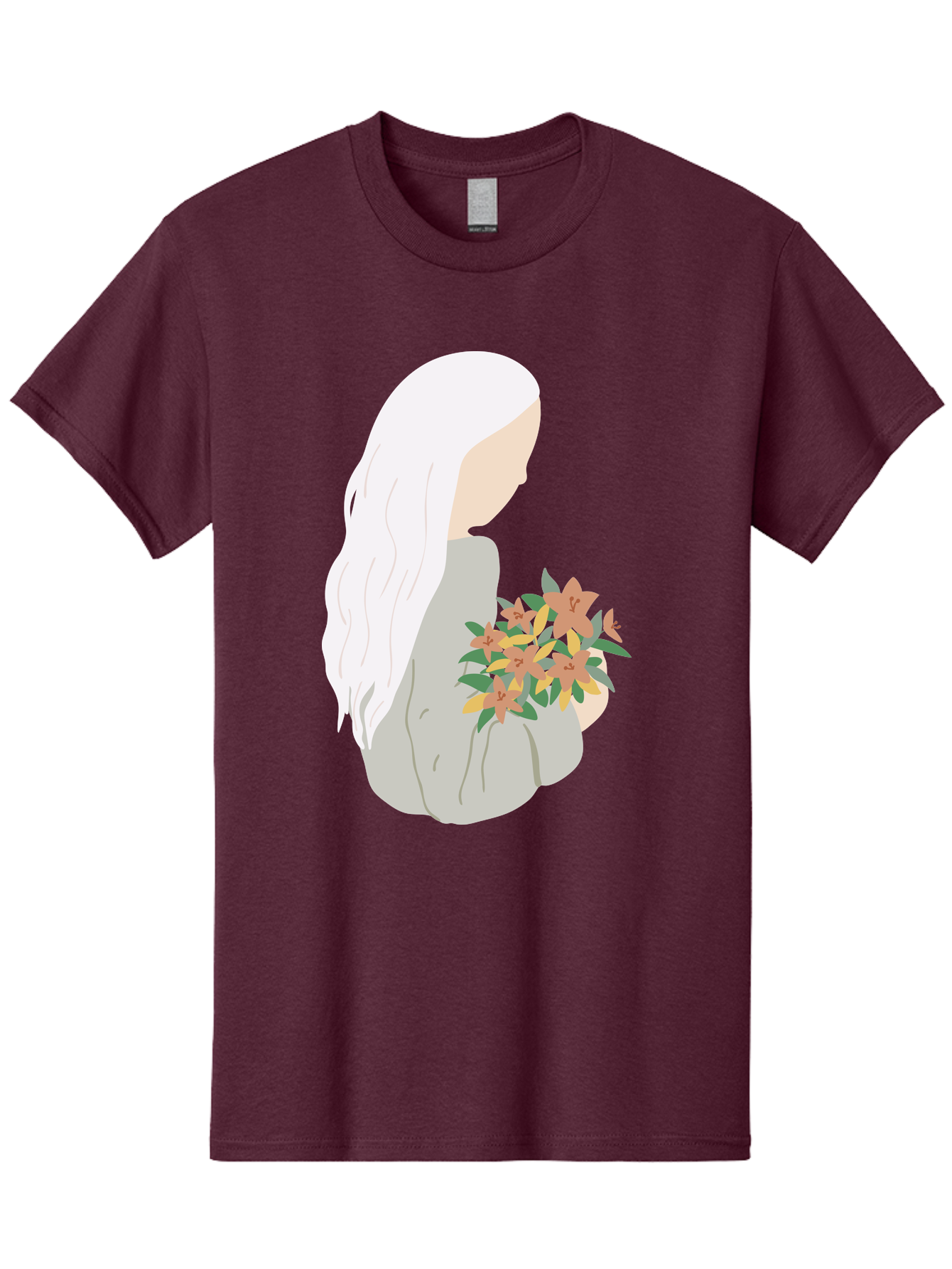 Woman-Holding-Flowers Men'S Graphic Tee, 100% Cotton, Comfortable Casual Summer Wear, Machine Washable, Woman With White Hair, Holding Flowers, Floral Arrangement, Pastel Colors, Gentle Gesture, Soft Illustration, Minimalist Style, Aae063 7