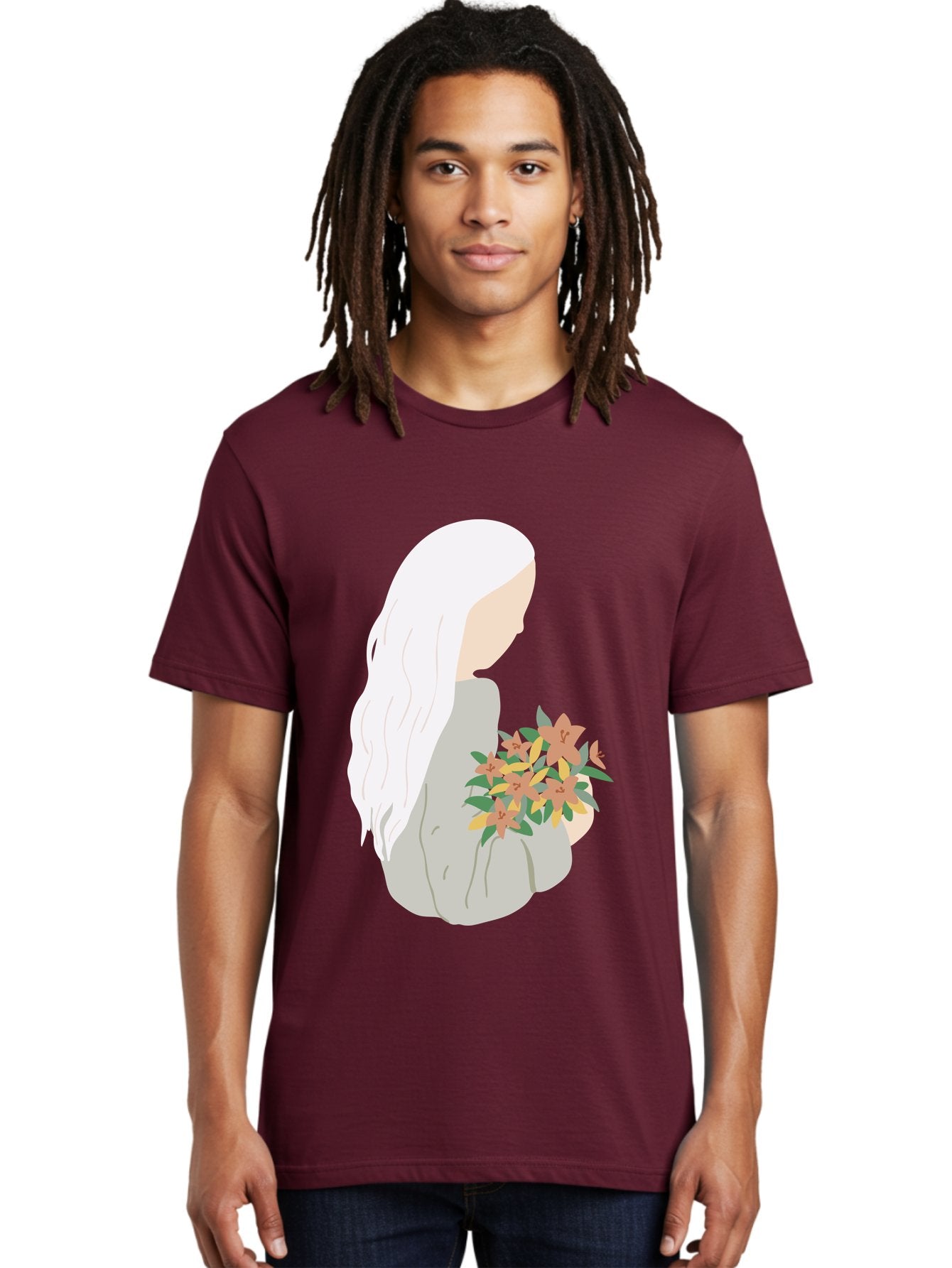 Woman-Holding-Flowers Men'S Graphic Tee, 100% Cotton, Comfortable Casual Summer Wear, Machine Washable, Woman With White Hair, Holding Flowers, Floral Arrangement, Pastel Colors, Gentle Gesture, Soft Illustration, Minimalist Style, Aae063 27