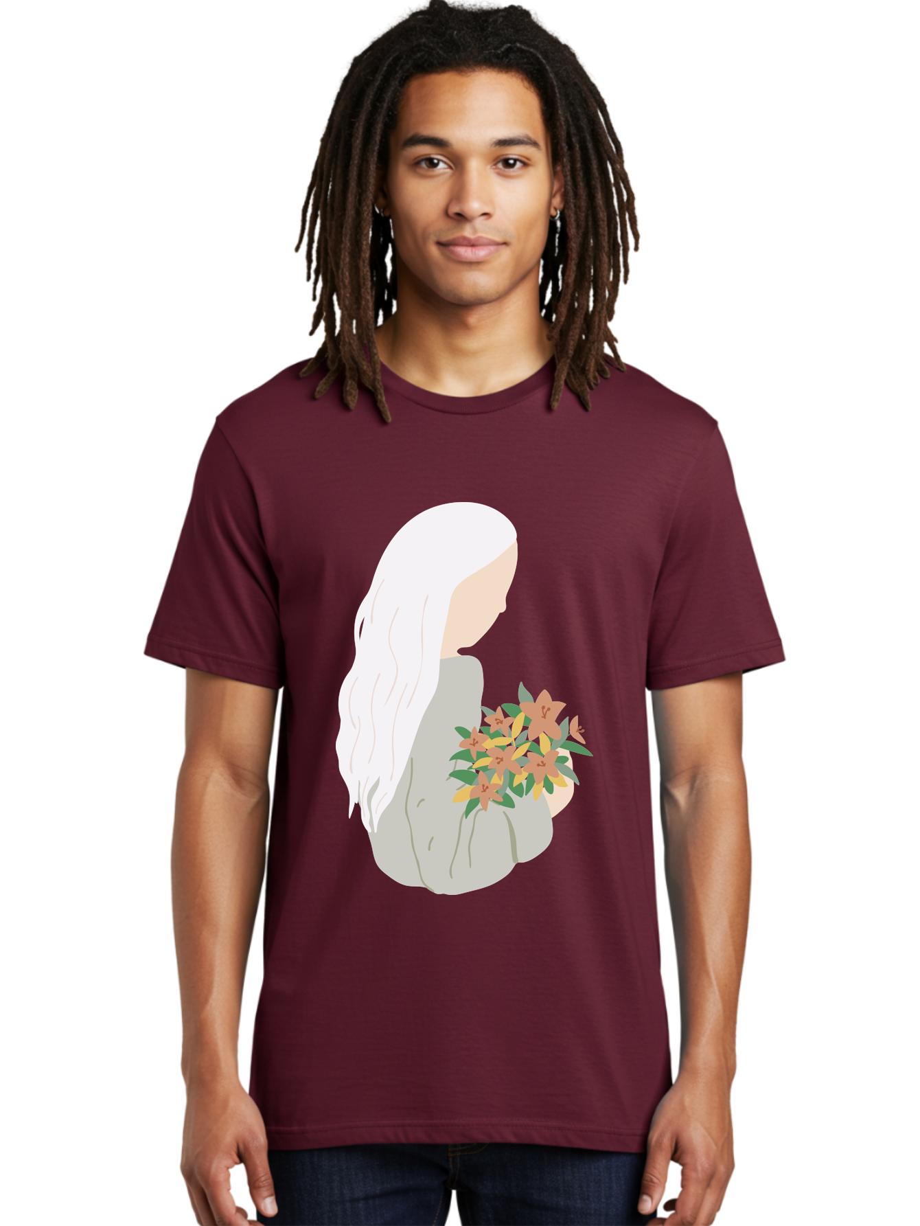 Woman-Holding-Flowers Men'S Graphic Tee, 100% Cotton, Comfortable Casual Summer Wear, Machine Washable, Woman With White Hair, Holding Flowers, Floral Arrangement, Pastel Colors, Gentle Gesture, Soft Illustration, Minimalist Style, Aae063 8
