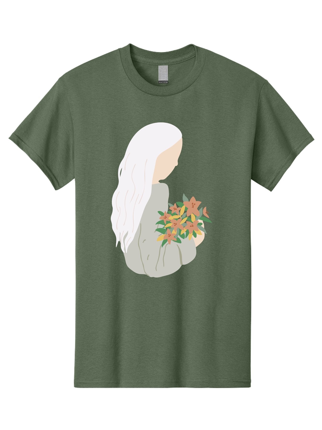 Woman-Holding-Flowers Men'S Graphic Tee, 100% Cotton, Comfortable Casual Summer Wear, Machine Washable, Woman With White Hair, Holding Flowers, Floral Arrangement, Pastel Colors, Gentle Gesture, Soft Illustration, Minimalist Style, Aae063 12