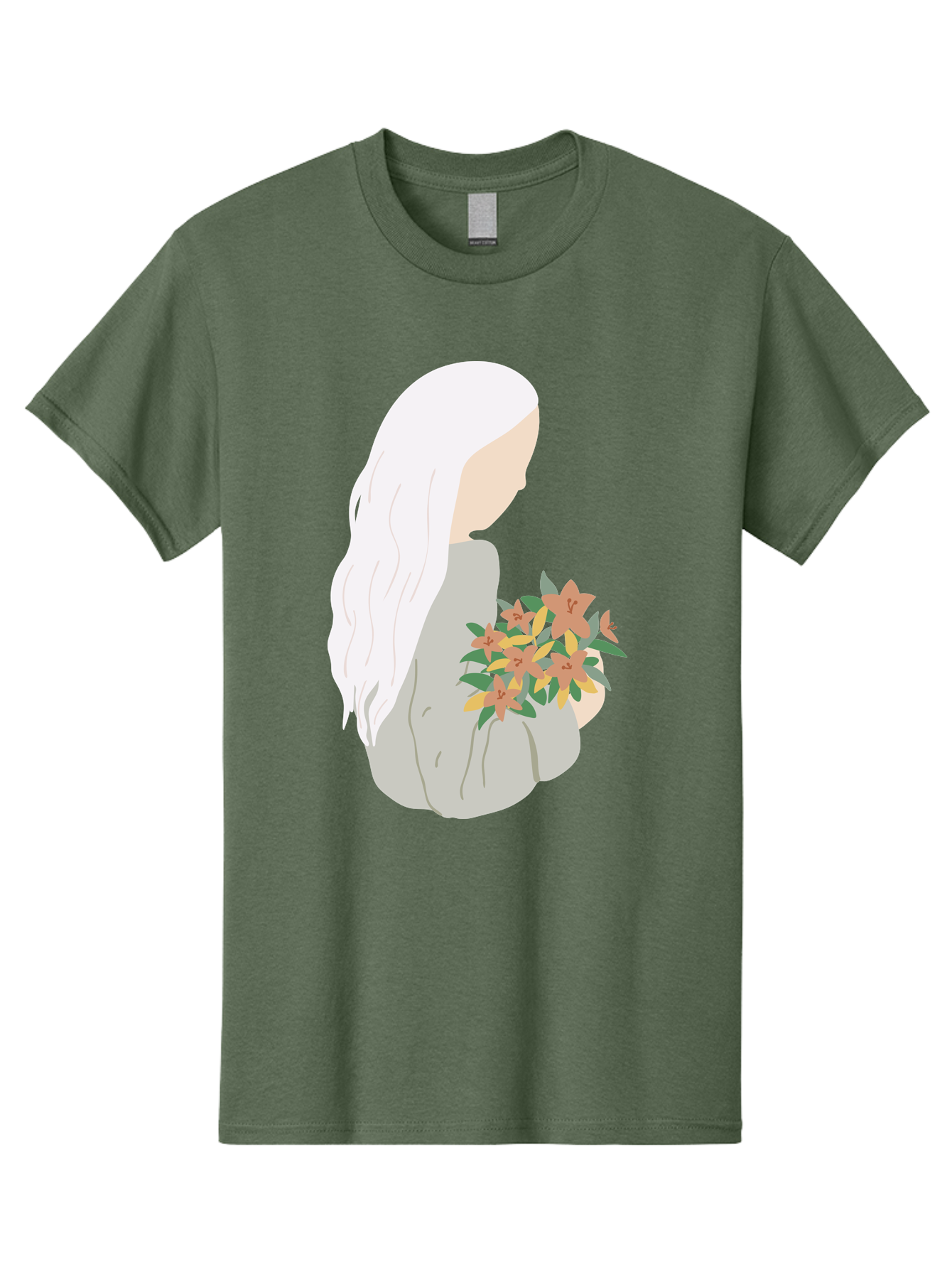 Woman-Holding-Flowers Men'S Graphic Tee, 100% Cotton, Comfortable Casual Summer Wear, Machine Washable, Woman With White Hair, Holding Flowers, Floral Arrangement, Pastel Colors, Gentle Gesture, Soft Illustration, Minimalist Style, Aae063 5