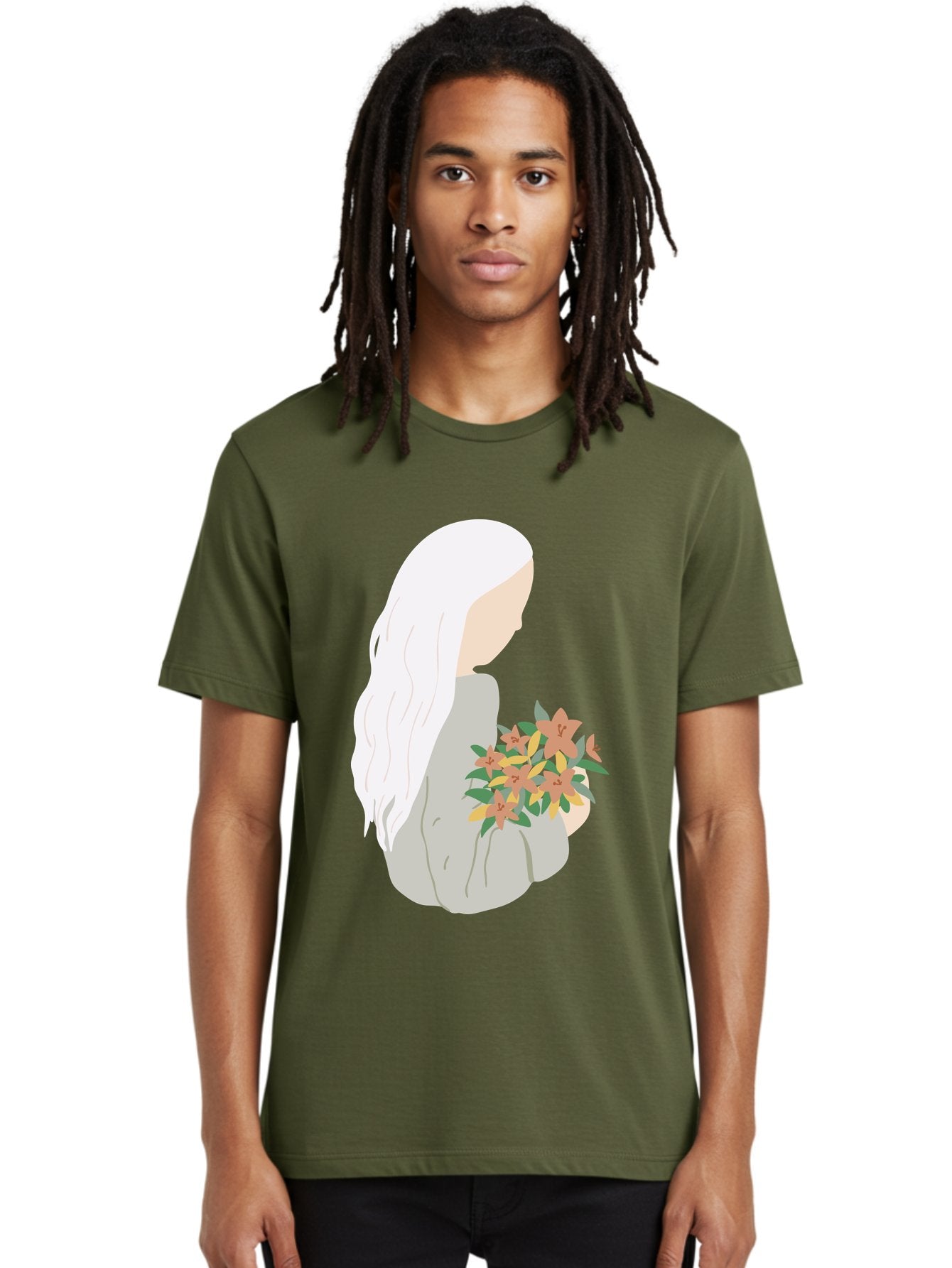 Woman-Holding-Flowers Men'S Graphic Tee, 100% Cotton, Comfortable Casual Summer Wear, Machine Washable, Woman With White Hair, Holding Flowers, Floral Arrangement, Pastel Colors, Gentle Gesture, Soft Illustration, Minimalist Style, Aae063 28