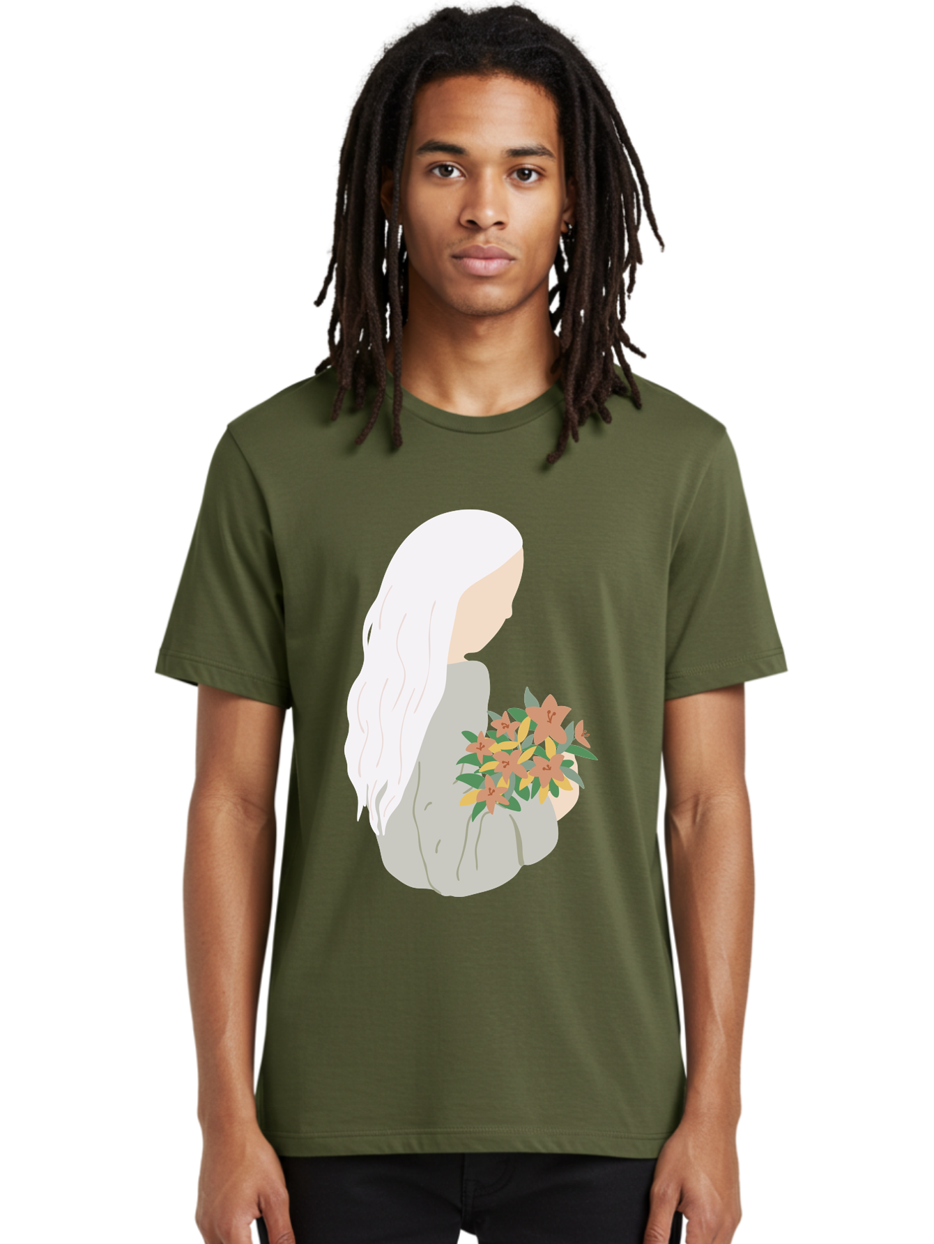 Woman-Holding-Flowers Men'S Graphic Tee, 100% Cotton, Comfortable Casual Summer Wear, Machine Washable, Woman With White Hair, Holding Flowers, Floral Arrangement, Pastel Colors, Gentle Gesture, Soft Illustration, Minimalist Style, Aae063 6