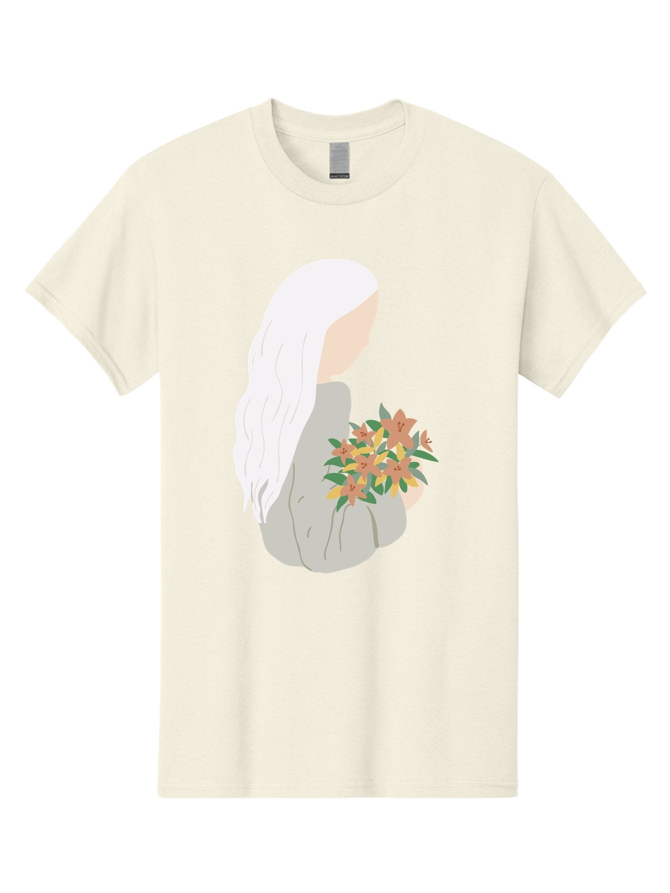 Woman-Holding-Flowers Men'S Graphic Tee, 100% Cotton, Comfortable Casual Summer Wear, Machine Washable, Woman With White Hair, Holding Flowers, Floral Arrangement, Pastel Colors, Gentle Gesture, Soft Illustration, Minimalist Style, Aae063 14