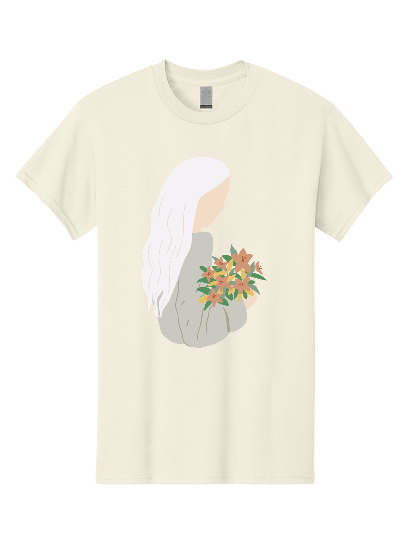 Woman-Holding-Flowers Men'S Graphic Tee, 100% Cotton, Comfortable Casual Summer Wear, Machine Washable, Woman With White Hair, Holding Flowers, Floral Arrangement, Pastel Colors, Gentle Gesture, Soft Illustration, Minimalist Style, Aae063 3