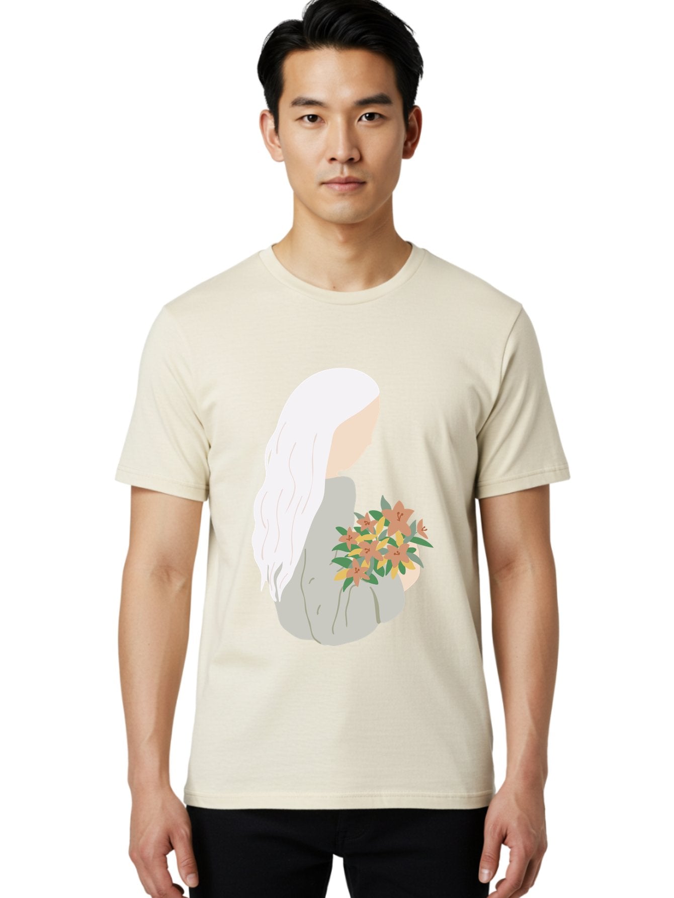 Woman-Holding-Flowers Men'S Graphic Tee, 100% Cotton, Comfortable Casual Summer Wear, Machine Washable, Woman With White Hair, Holding Flowers, Floral Arrangement, Pastel Colors, Gentle Gesture, Soft Illustration, Minimalist Style, Aae063 29