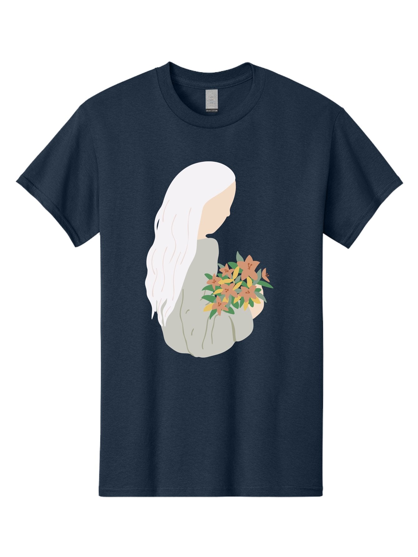 Woman-Holding-Flowers Men'S Graphic Tee, 100% Cotton, Comfortable Casual Summer Wear, Machine Washable, Woman With White Hair, Holding Flowers, Floral Arrangement, Pastel Colors, Gentle Gesture, Soft Illustration, Minimalist Style, Aae063 3