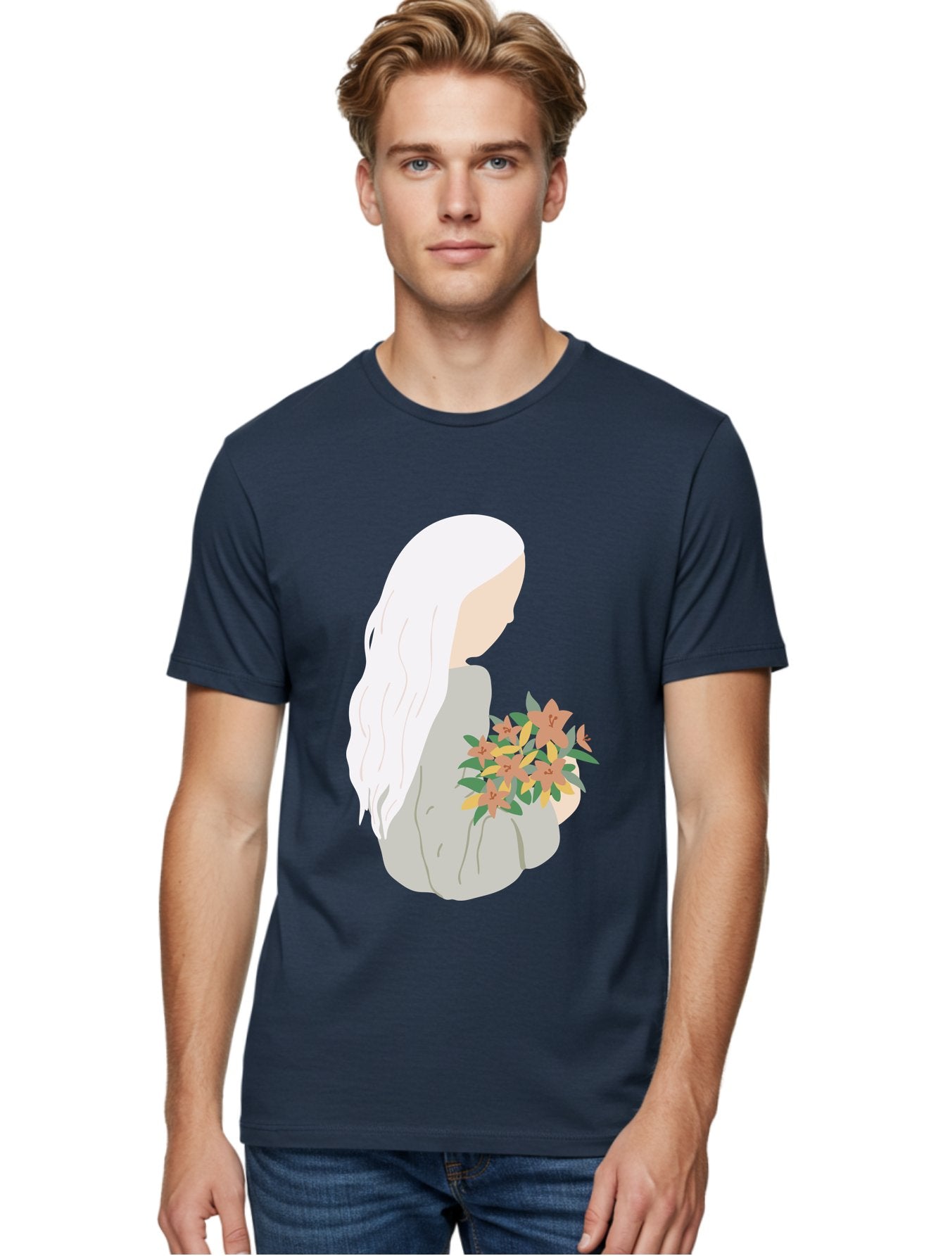 Woman-Holding-Flowers Men'S Graphic Tee, 100% Cotton, Comfortable Casual Summer Wear, Machine Washable, Woman With White Hair, Holding Flowers, Floral Arrangement, Pastel Colors, Gentle Gesture, Soft Illustration, Minimalist Style, Aae063 22
