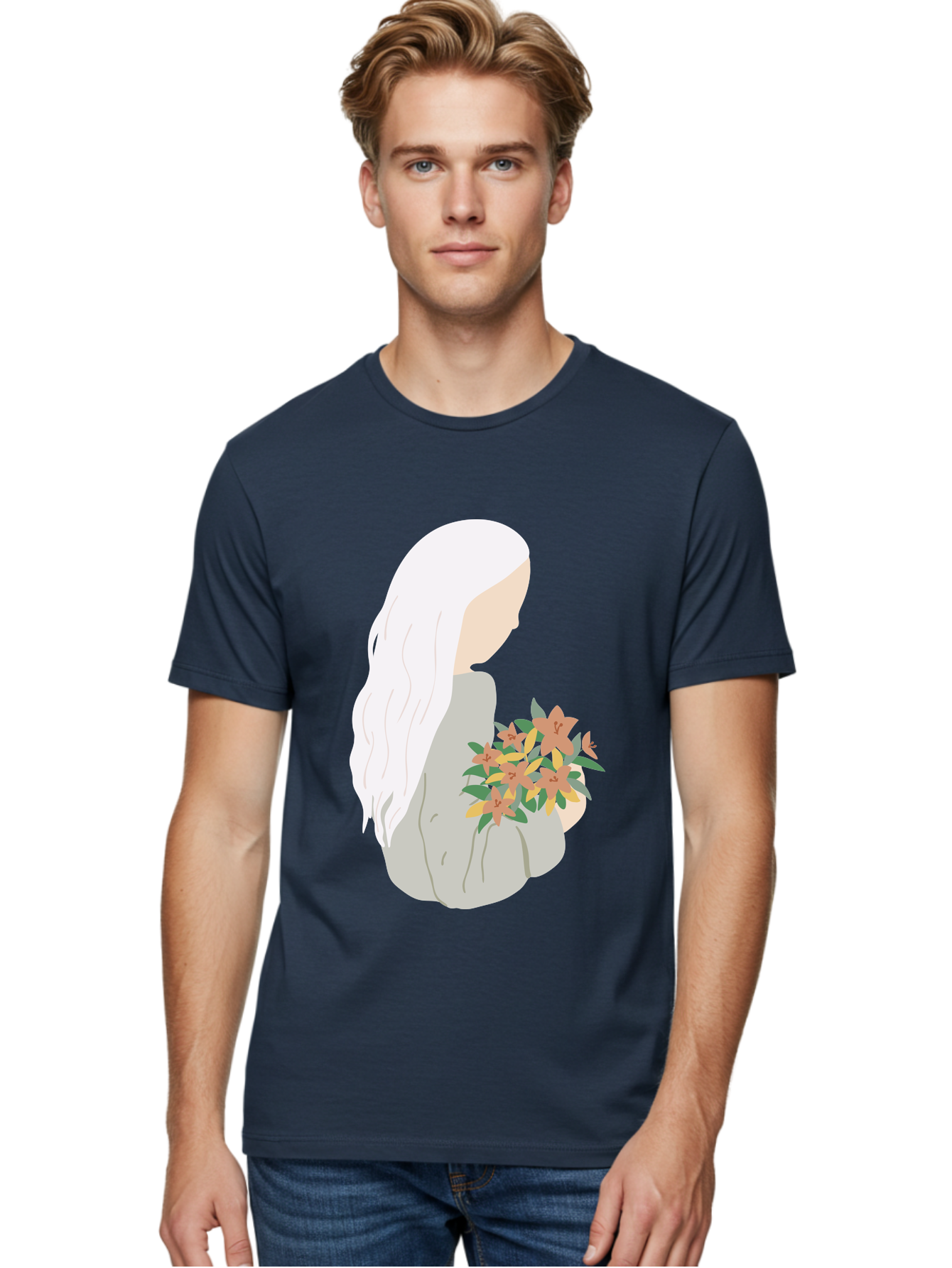 Woman-Holding-Flowers Men'S Graphic Tee, 100% Cotton, Comfortable Casual Summer Wear, Machine Washable, Woman With White Hair, Holding Flowers, Floral Arrangement, Pastel Colors, Gentle Gesture, Soft Illustration, Minimalist Style, Aae063 18