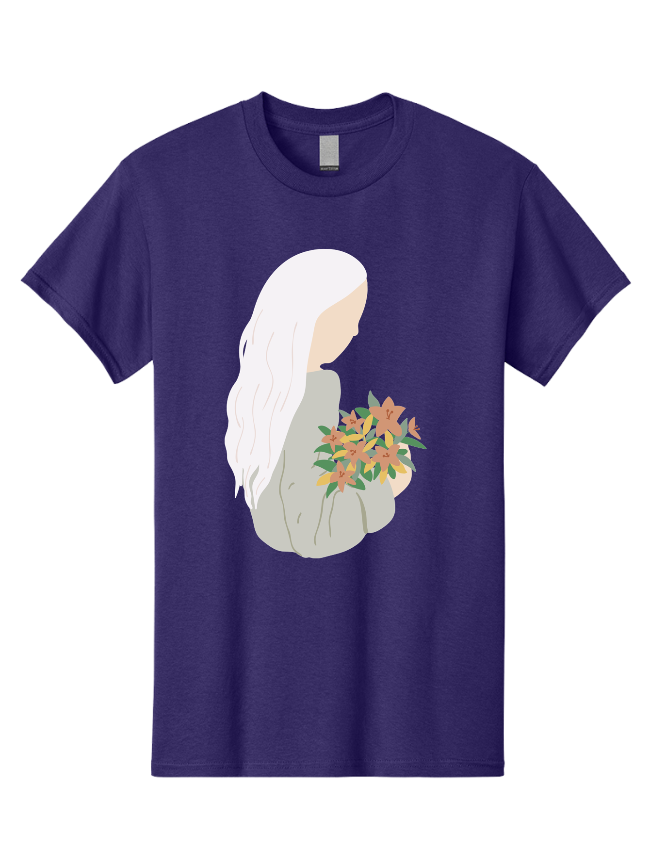 Woman-Holding-Flowers Men'S Graphic Tee, 100% Cotton, Comfortable Casual Summer Wear, Machine Washable, Woman With White Hair, Holding Flowers, Floral Arrangement, Pastel Colors, Gentle Gesture, Soft Illustration, Minimalist Style, Aae063 23