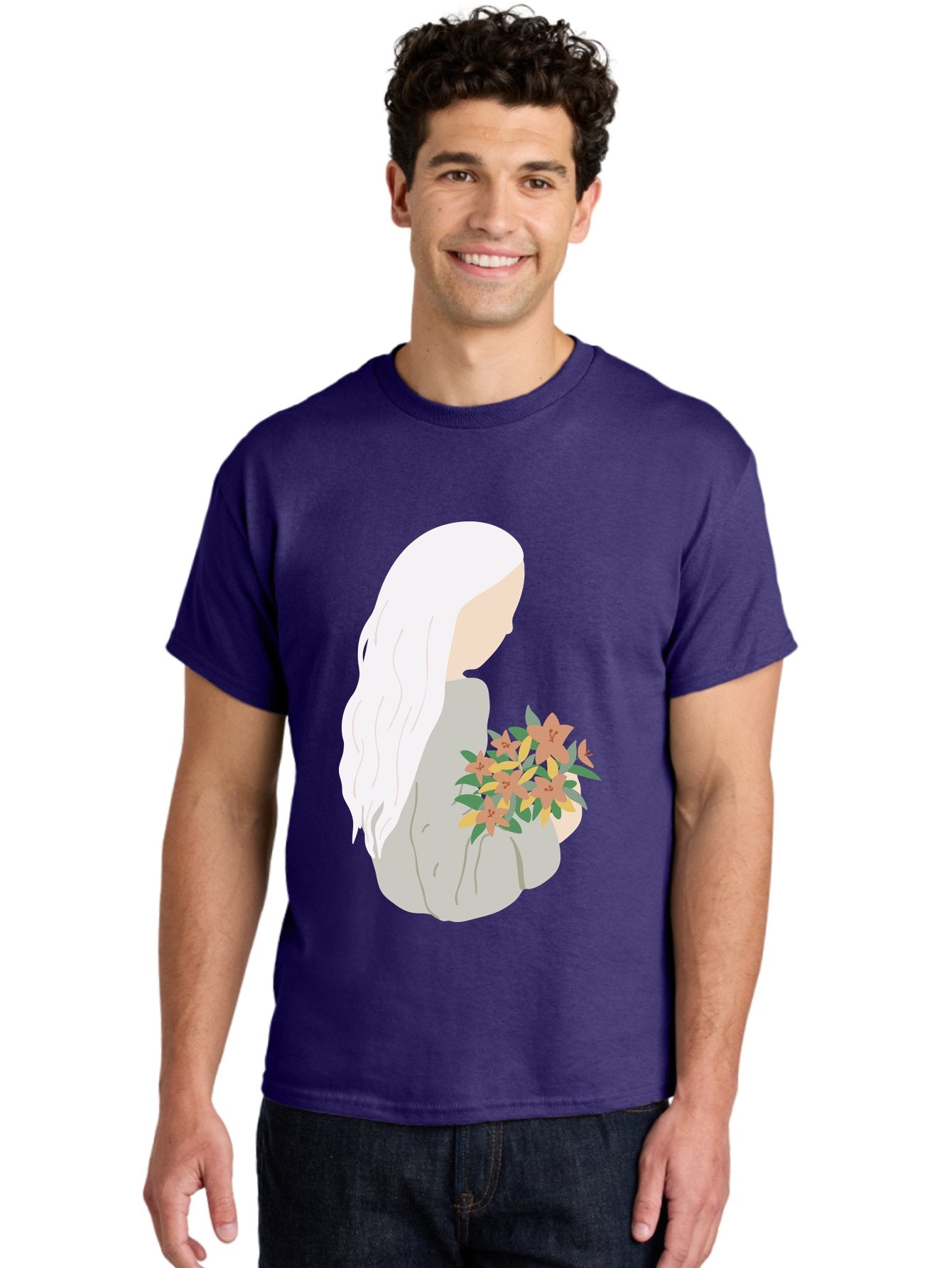 Woman-Holding-Flowers Men'S Graphic Tee, 100% Cotton, Comfortable Casual Summer Wear, Machine Washable, Woman With White Hair, Holding Flowers, Floral Arrangement, Pastel Colors, Gentle Gesture, Soft Illustration, Minimalist Style, Aae063 18