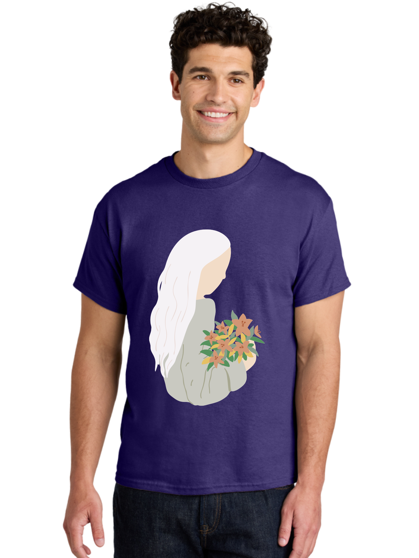 Woman-Holding-Flowers Men'S Graphic Tee, 100% Cotton, Comfortable Casual Summer Wear, Machine Washable, Woman With White Hair, Holding Flowers, Floral Arrangement, Pastel Colors, Gentle Gesture, Soft Illustration, Minimalist Style, Aae063 24