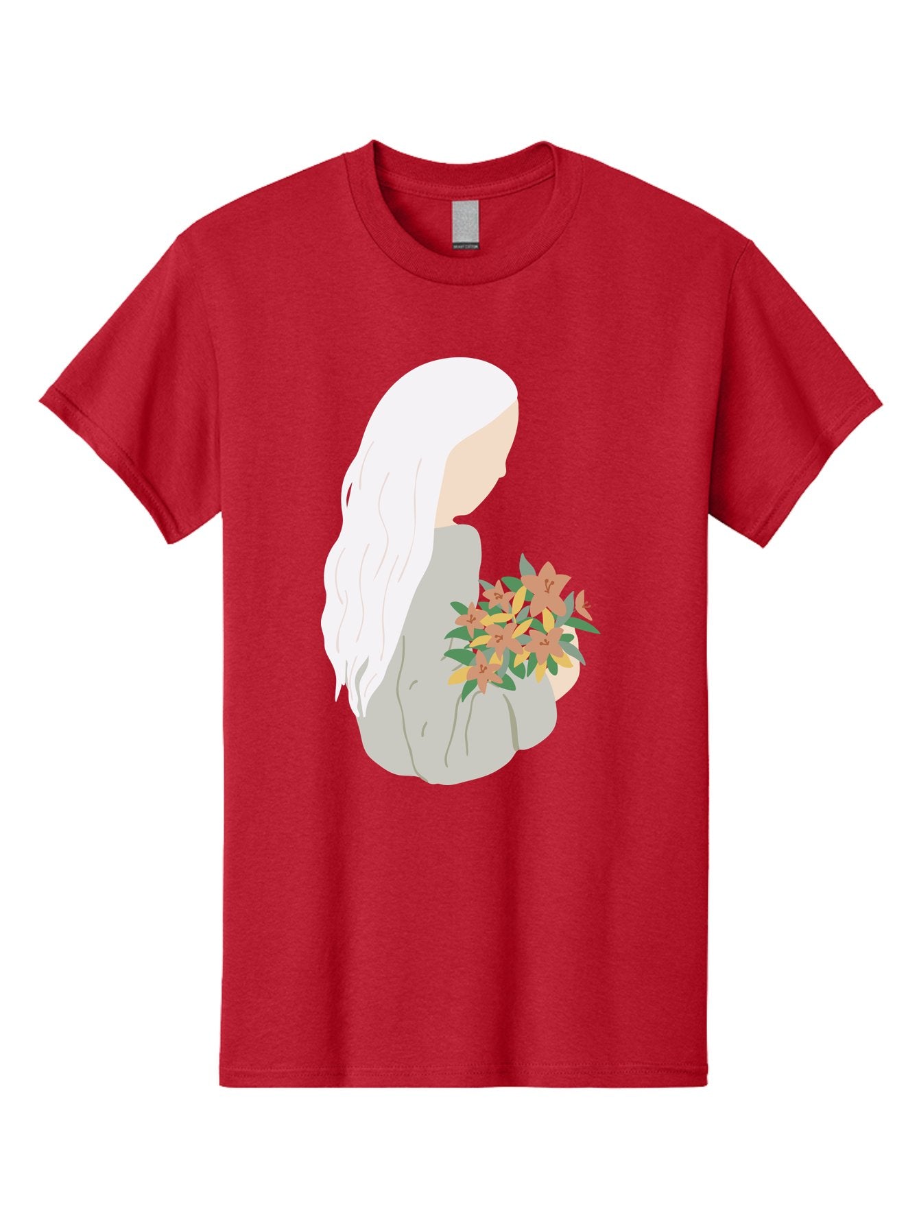 Woman-Holding-Flowers Men'S Graphic Tee, 100% Cotton, Comfortable Casual Summer Wear, Machine Washable, Woman With White Hair, Holding Flowers, Floral Arrangement, Pastel Colors, Gentle Gesture, Soft Illustration, Minimalist Style, Aae063 10