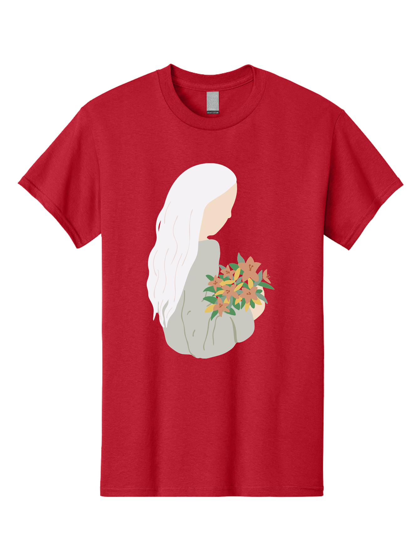 Woman-Holding-Flowers Men'S Graphic Tee, 100% Cotton, Comfortable Casual Summer Wear, Machine Washable, Woman With White Hair, Holding Flowers, Floral Arrangement, Pastel Colors, Gentle Gesture, Soft Illustration, Minimalist Style, Aae063 27