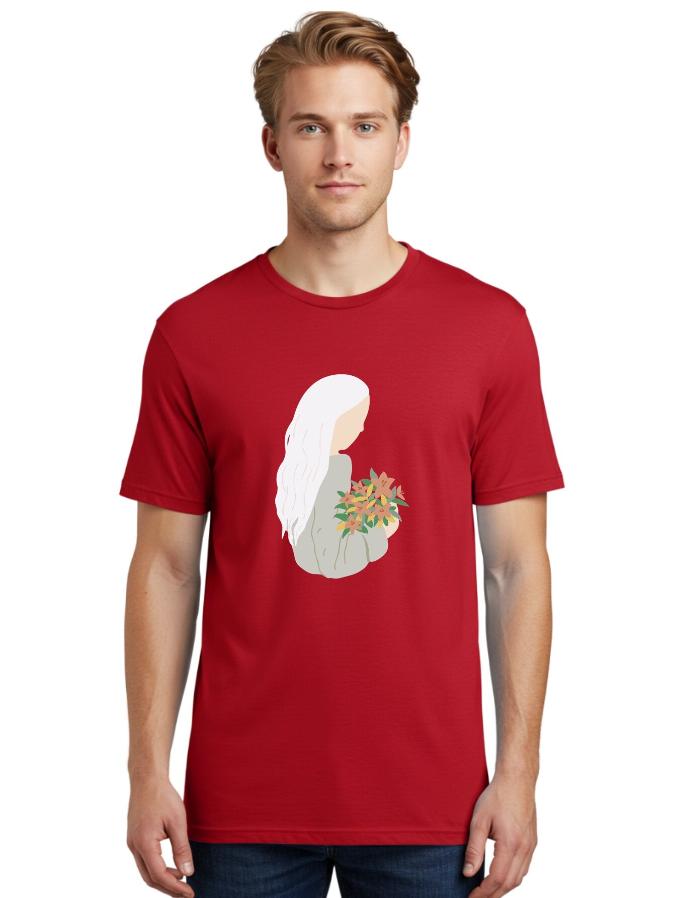 Woman-Holding-Flowers Men'S Graphic Tee, 100% Cotton, Comfortable Casual Summer Wear, Machine Washable, Woman With White Hair, Holding Flowers, Floral Arrangement, Pastel Colors, Gentle Gesture, Soft Illustration, Minimalist Style, Aae063 17