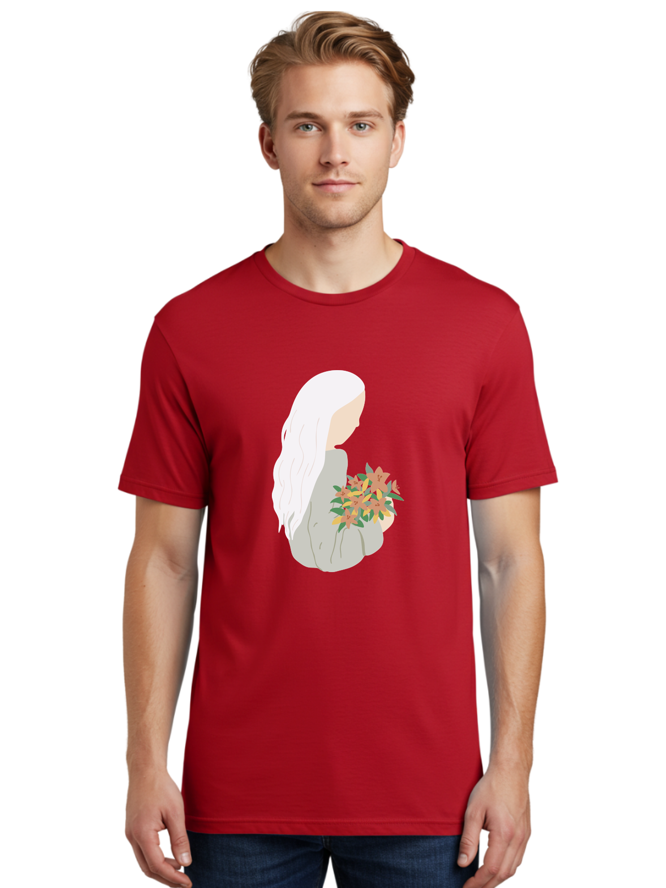 Woman-Holding-Flowers Men'S Graphic Tee, 100% Cotton, Comfortable Casual Summer Wear, Machine Washable, Woman With White Hair, Holding Flowers, Floral Arrangement, Pastel Colors, Gentle Gesture, Soft Illustration, Minimalist Style, Aae063 28