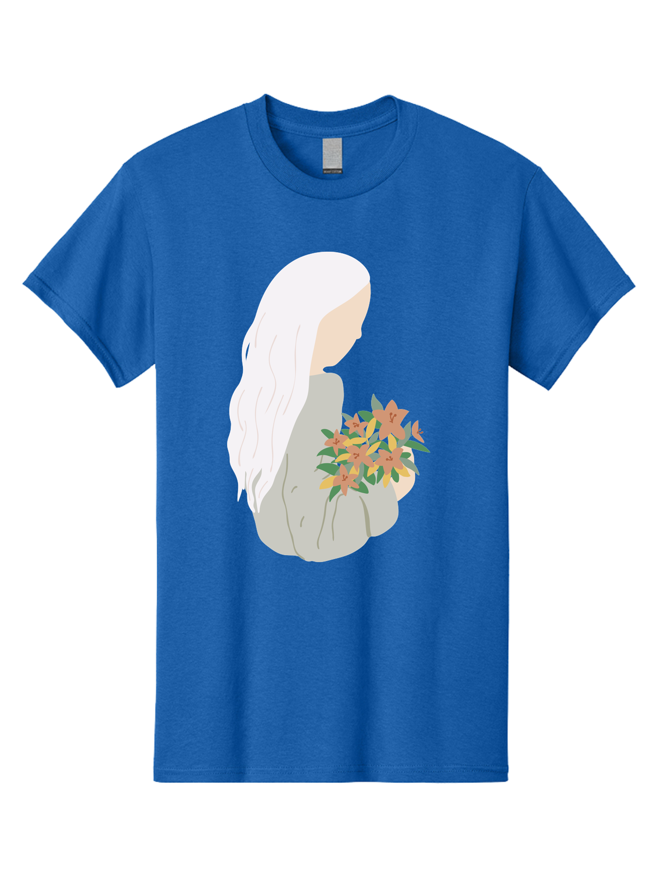 Woman-Holding-Flowers Men'S Graphic Tee, 100% Cotton, Comfortable Casual Summer Wear, Machine Washable, Woman With White Hair, Holding Flowers, Floral Arrangement, Pastel Colors, Gentle Gesture, Soft Illustration, Minimalist Style, Aae063 29