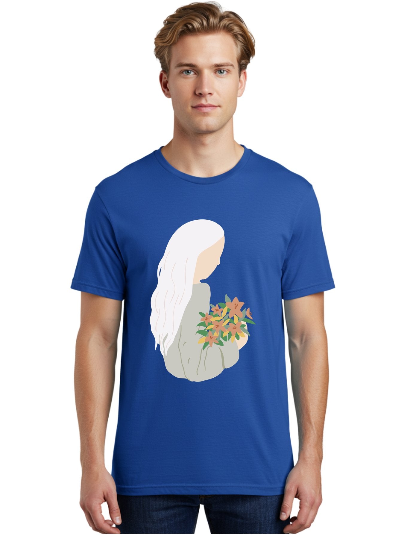 Woman-Holding-Flowers Men'S Graphic Tee, 100% Cotton, Comfortable Casual Summer Wear, Machine Washable, Woman With White Hair, Holding Flowers, Floral Arrangement, Pastel Colors, Gentle Gesture, Soft Illustration, Minimalist Style, Aae063 20