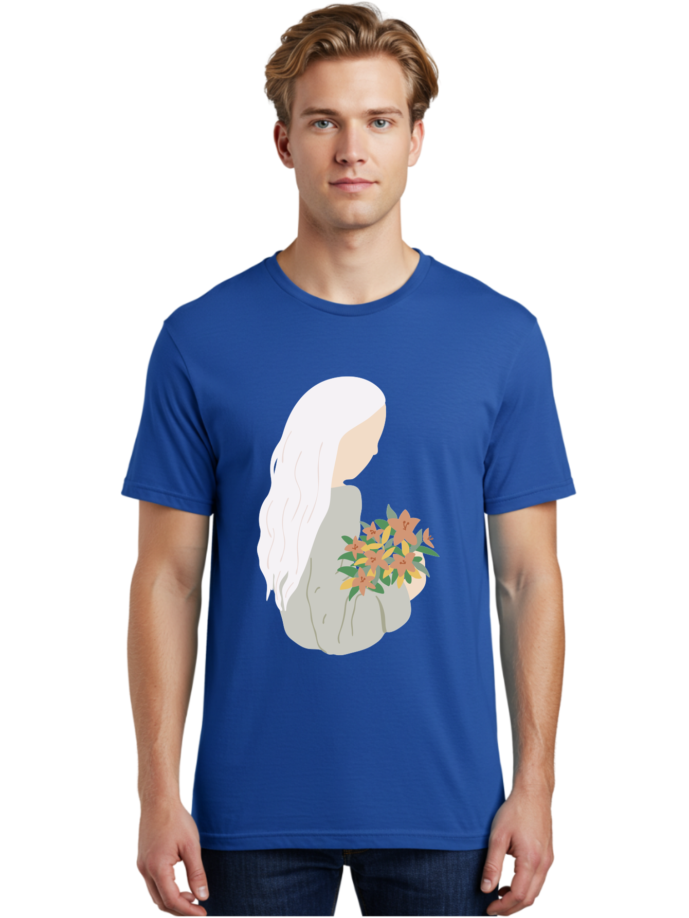 Woman-Holding-Flowers Men'S Graphic Tee, 100% Cotton, Comfortable Casual Summer Wear, Machine Washable, Woman With White Hair, Holding Flowers, Floral Arrangement, Pastel Colors, Gentle Gesture, Soft Illustration, Minimalist Style, Aae063 30