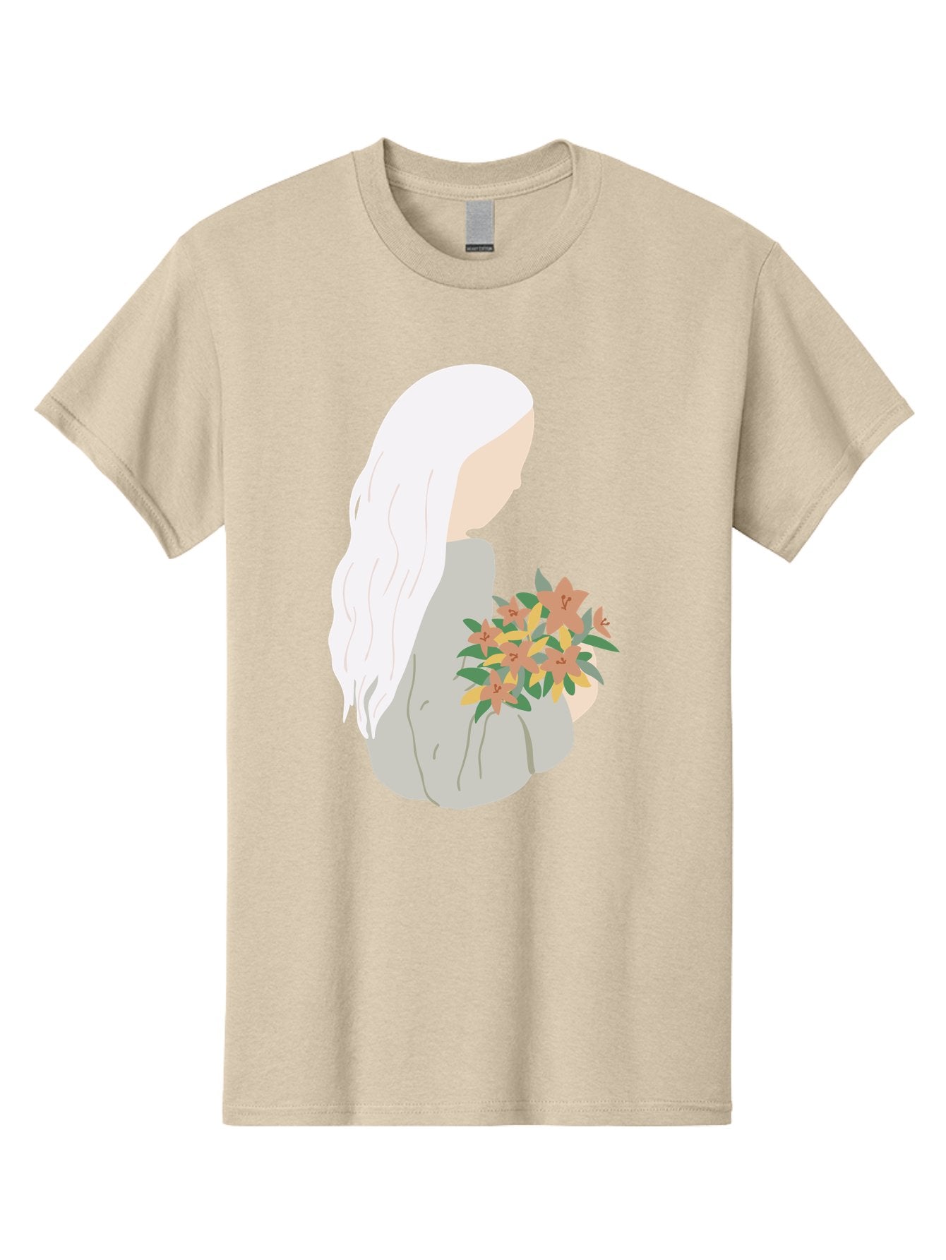 Woman-Holding-Flowers Men'S Graphic Tee, 100% Cotton, Comfortable Casual Summer Wear, Machine Washable, Woman With White Hair, Holding Flowers, Floral Arrangement, Pastel Colors, Gentle Gesture, Soft Illustration, Minimalist Style, Aae063 7