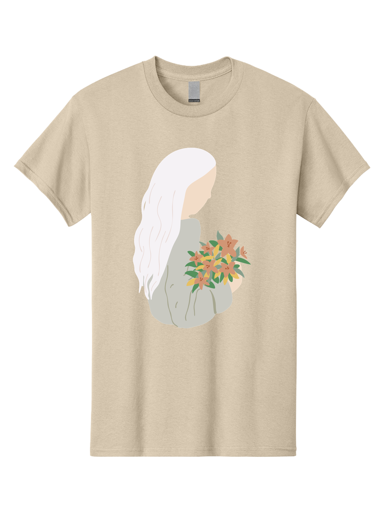 Woman-Holding-Flowers Men'S Graphic Tee, 100% Cotton, Comfortable Casual Summer Wear, Machine Washable, Woman With White Hair, Holding Flowers, Floral Arrangement, Pastel Colors, Gentle Gesture, Soft Illustration, Minimalist Style, Aae063 25