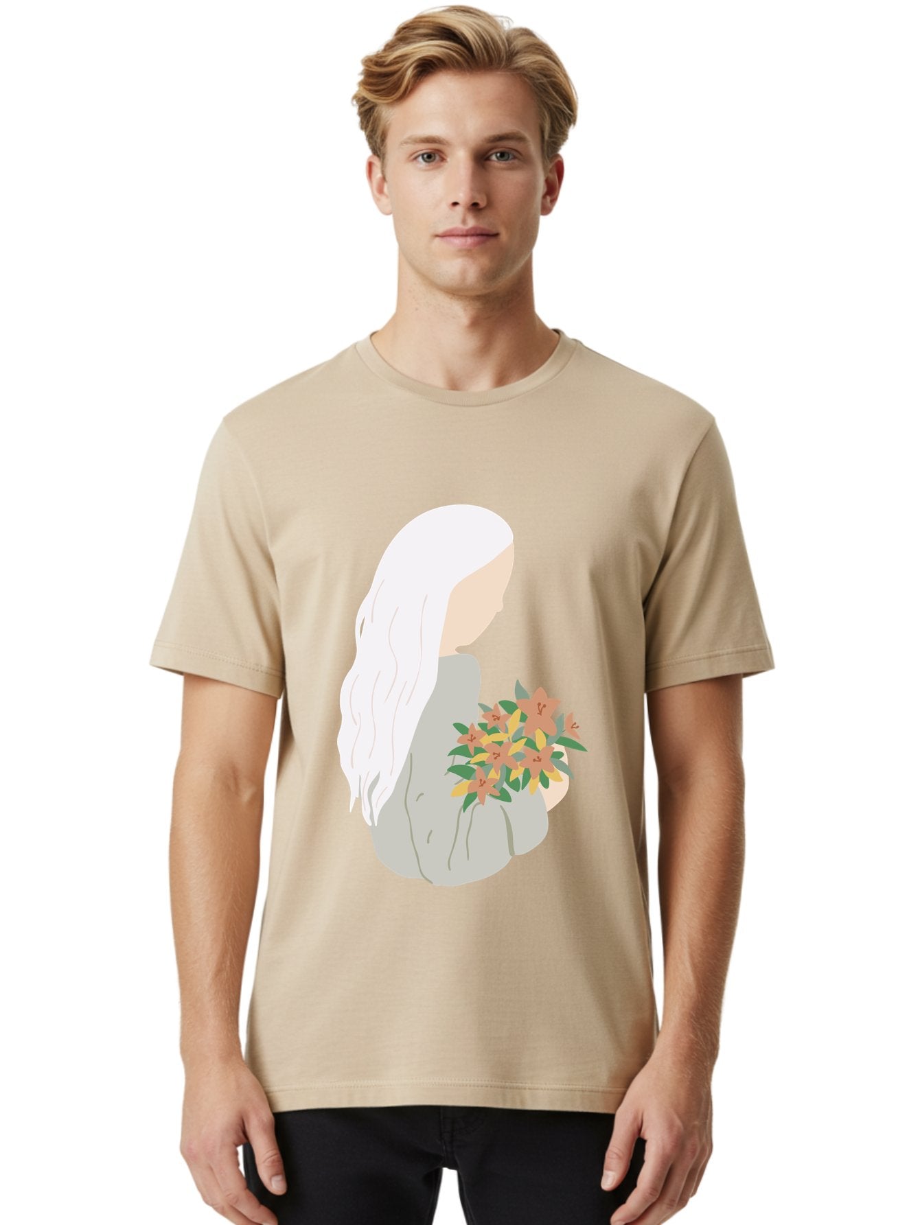 Woman-Holding-Flowers Men'S Graphic Tee, 100% Cotton, Comfortable Casual Summer Wear, Machine Washable, Woman With White Hair, Holding Flowers, Floral Arrangement, Pastel Colors, Gentle Gesture, Soft Illustration, Minimalist Style, Aae063 16