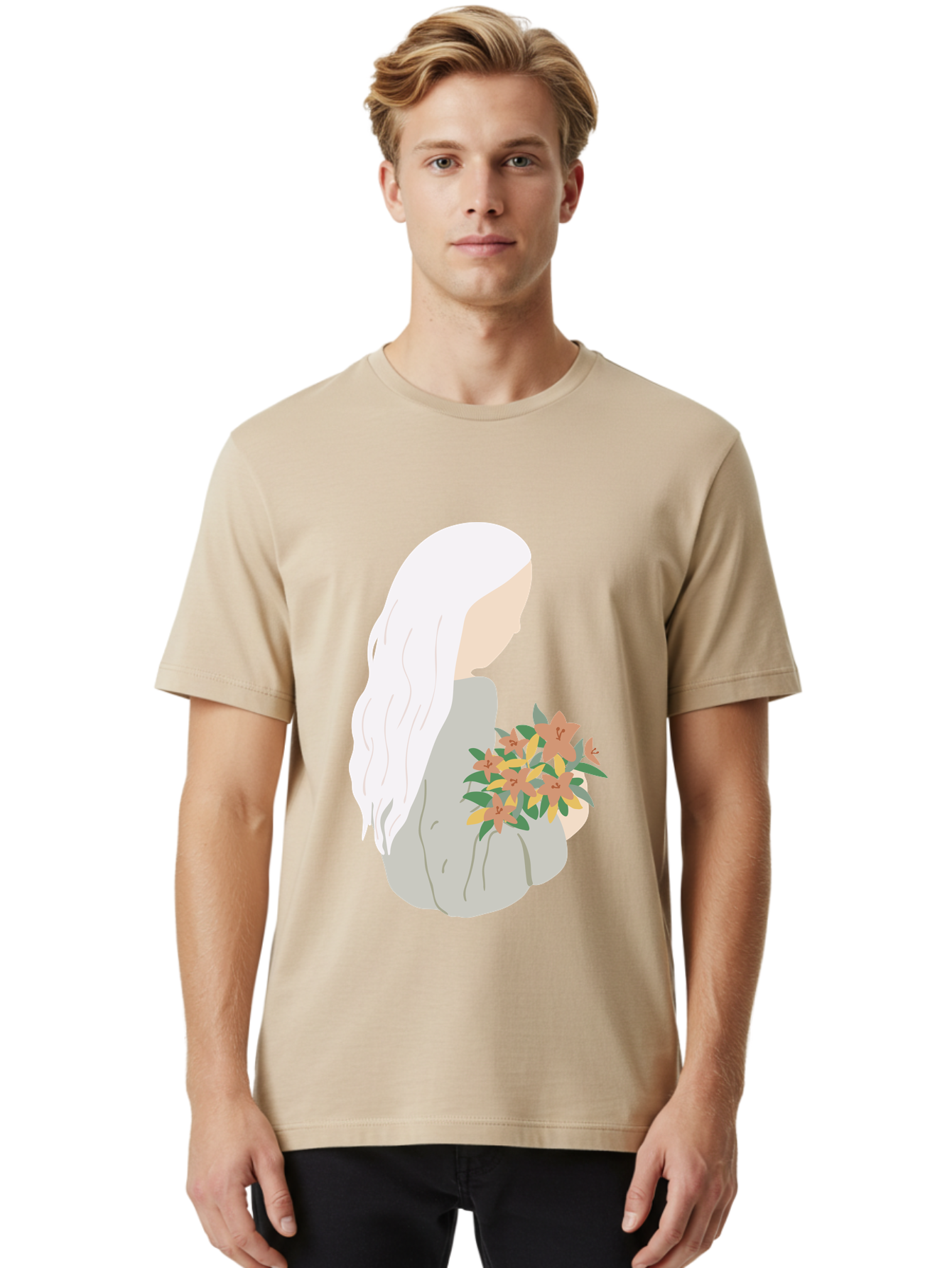 Woman-Holding-Flowers Men'S Graphic Tee, 100% Cotton, Comfortable Casual Summer Wear, Machine Washable, Woman With White Hair, Holding Flowers, Floral Arrangement, Pastel Colors, Gentle Gesture, Soft Illustration, Minimalist Style, Aae063 26