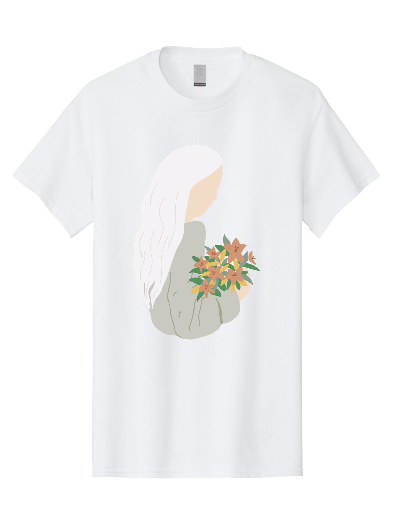 Woman-Holding-Flowers Men'S Graphic Tee, 100% Cotton, Comfortable Casual Summer Wear, Machine Washable, Woman With White Hair, Holding Flowers, Floral Arrangement, Pastel Colors, Gentle Gesture, Soft Illustration, Minimalist Style, Aae063 9