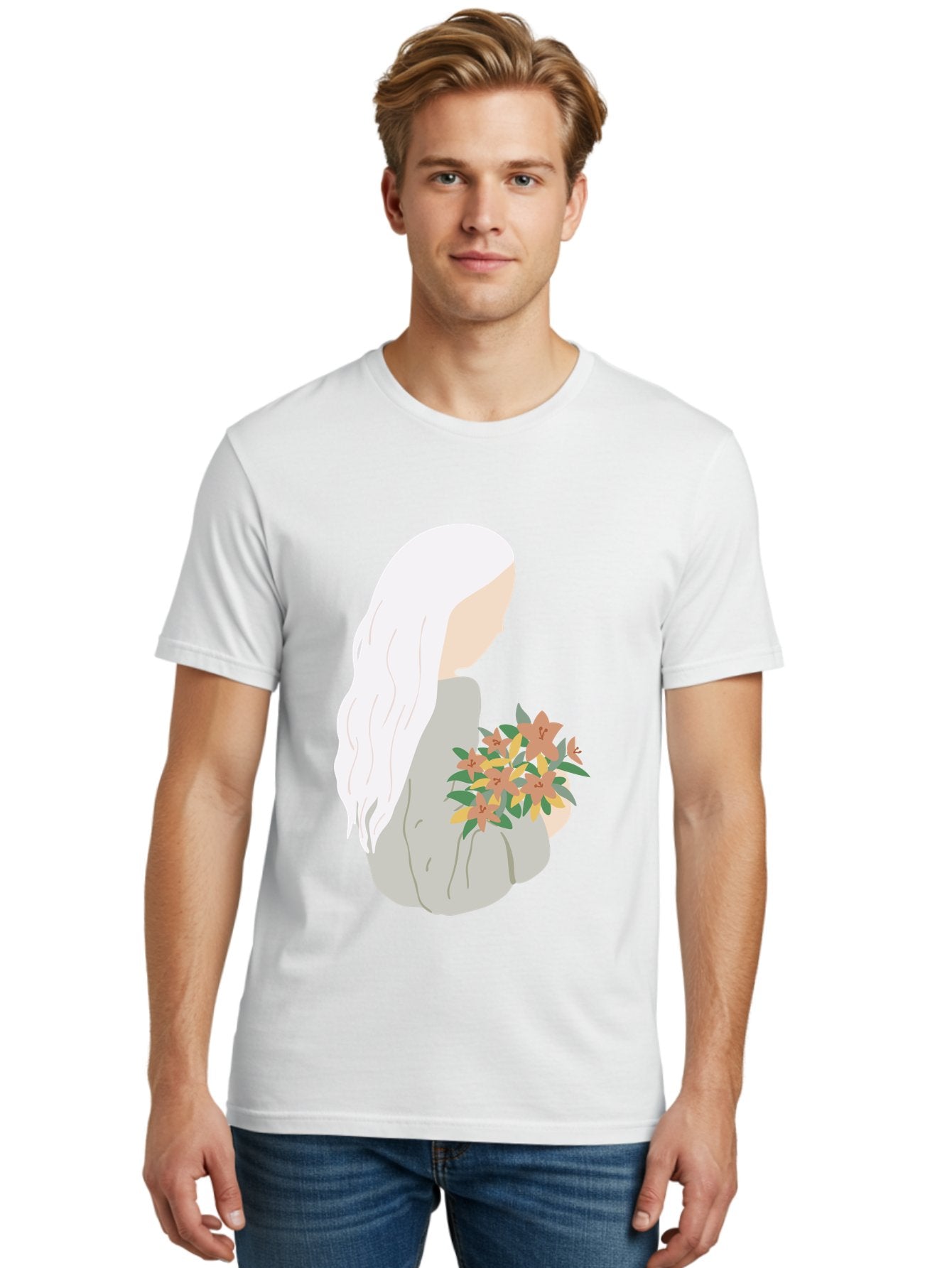 Woman-Holding-Flowers Men'S Graphic Tee, 100% Cotton, Comfortable Casual Summer Wear, Machine Washable, Woman With White Hair, Holding Flowers, Floral Arrangement, Pastel Colors, Gentle Gesture, Soft Illustration, Minimalist Style, Aae063 26