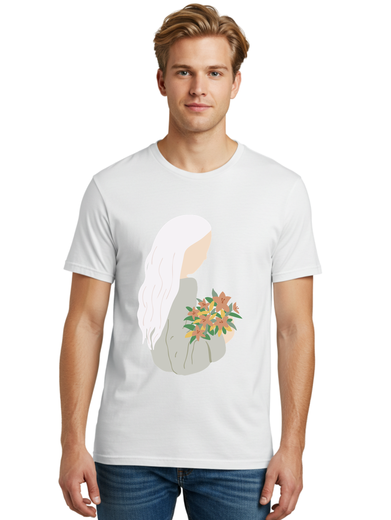 Woman-Holding-Flowers Men'S Graphic Tee, 100% Cotton, Comfortable Casual Summer Wear, Machine Washable, Woman With White Hair, Holding Flowers, Floral Arrangement, Pastel Colors, Gentle Gesture, Soft Illustration, Minimalist Style, Aae063 10