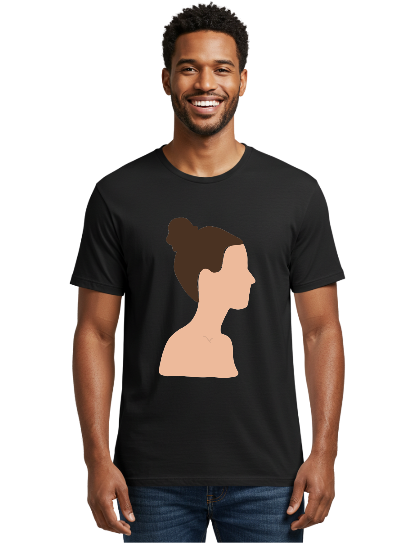 Woman-Profile-1 Men'S Graphic Tee, 100% Cotton, Comfortable Casual Summer Wear, Machine Washable, Woman Profile, Minimalist Portrait, Simple Illustration, Dark Hair, Bun Hairstyle, Featureless Face, Bare Shoulders, Clean Design, Modern Art Aae064 24