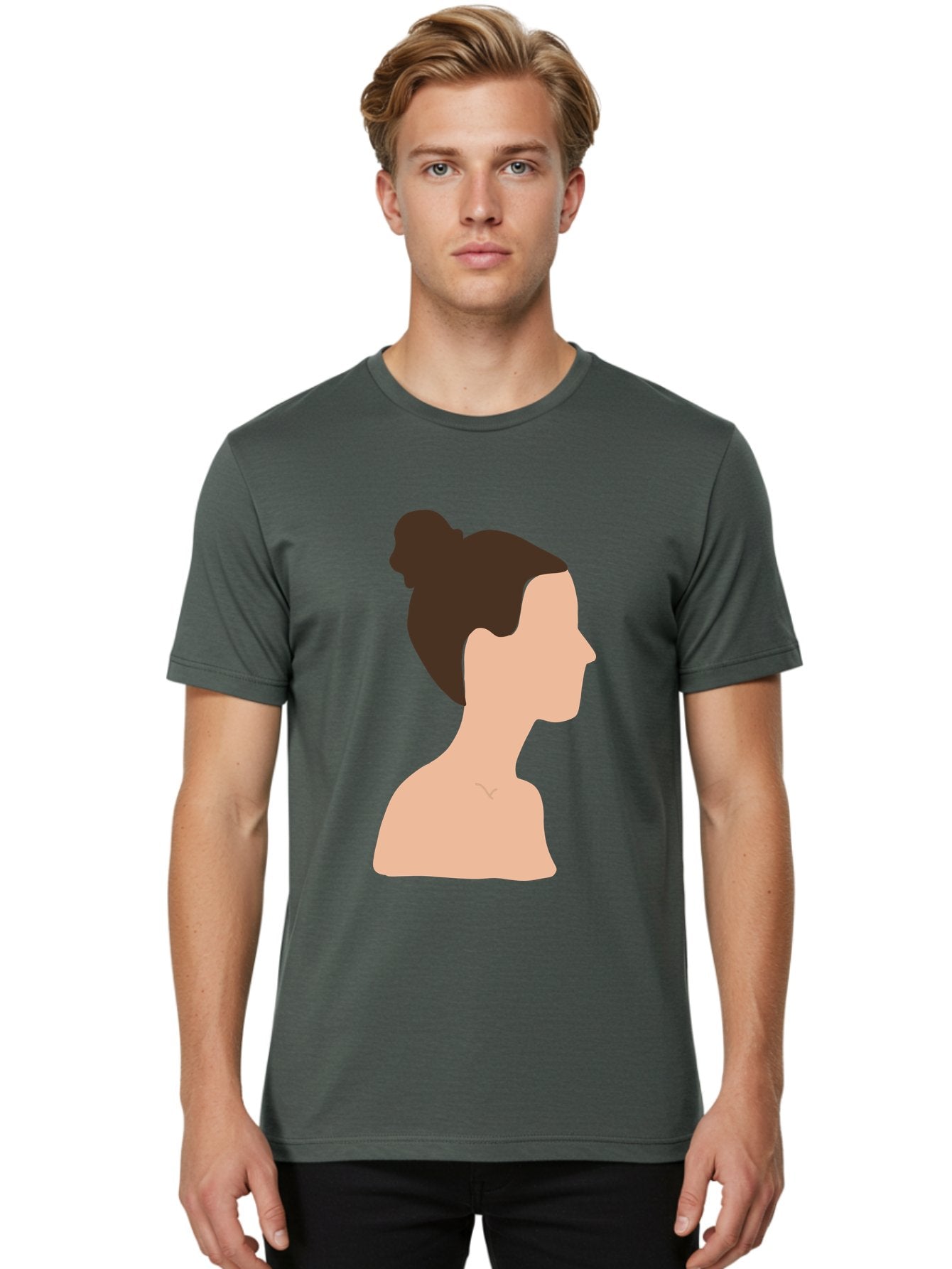 Woman-Profile-1 Men'S Graphic Tee, 100% Cotton, Comfortable Casual Summer Wear, Machine Washable, Woman Profile, Minimalist Portrait, Simple Illustration, Dark Hair, Bun Hairstyle, Featureless Face, Bare Shoulders, Clean Design, Modern Art Aae064 25
