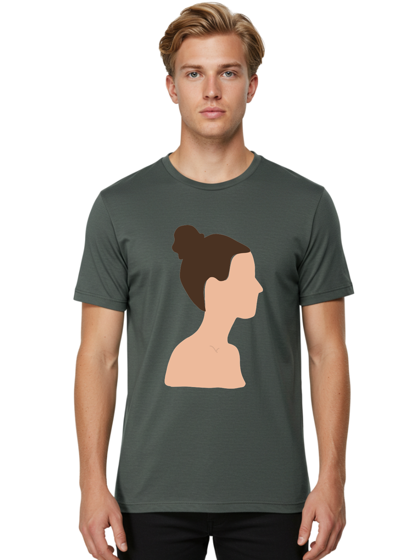 Woman-Profile-1 Men'S Graphic Tee, 100% Cotton, Comfortable Casual Summer Wear, Machine Washable, Woman Profile, Minimalist Portrait, Simple Illustration, Dark Hair, Bun Hairstyle, Featureless Face, Bare Shoulders, Clean Design, Modern Art Aae064 12