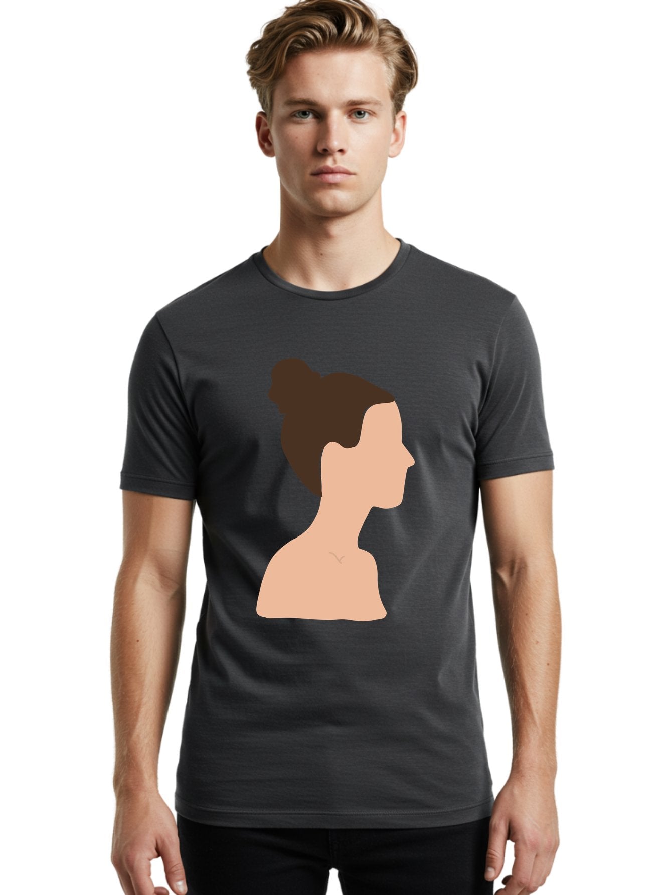 Woman-Profile-1 Men'S Graphic Tee, 100% Cotton, Comfortable Casual Summer Wear, Machine Washable, Woman Profile, Minimalist Portrait, Simple Illustration, Dark Hair, Bun Hairstyle, Featureless Face, Bare Shoulders, Clean Design, Modern Art Aae064 28