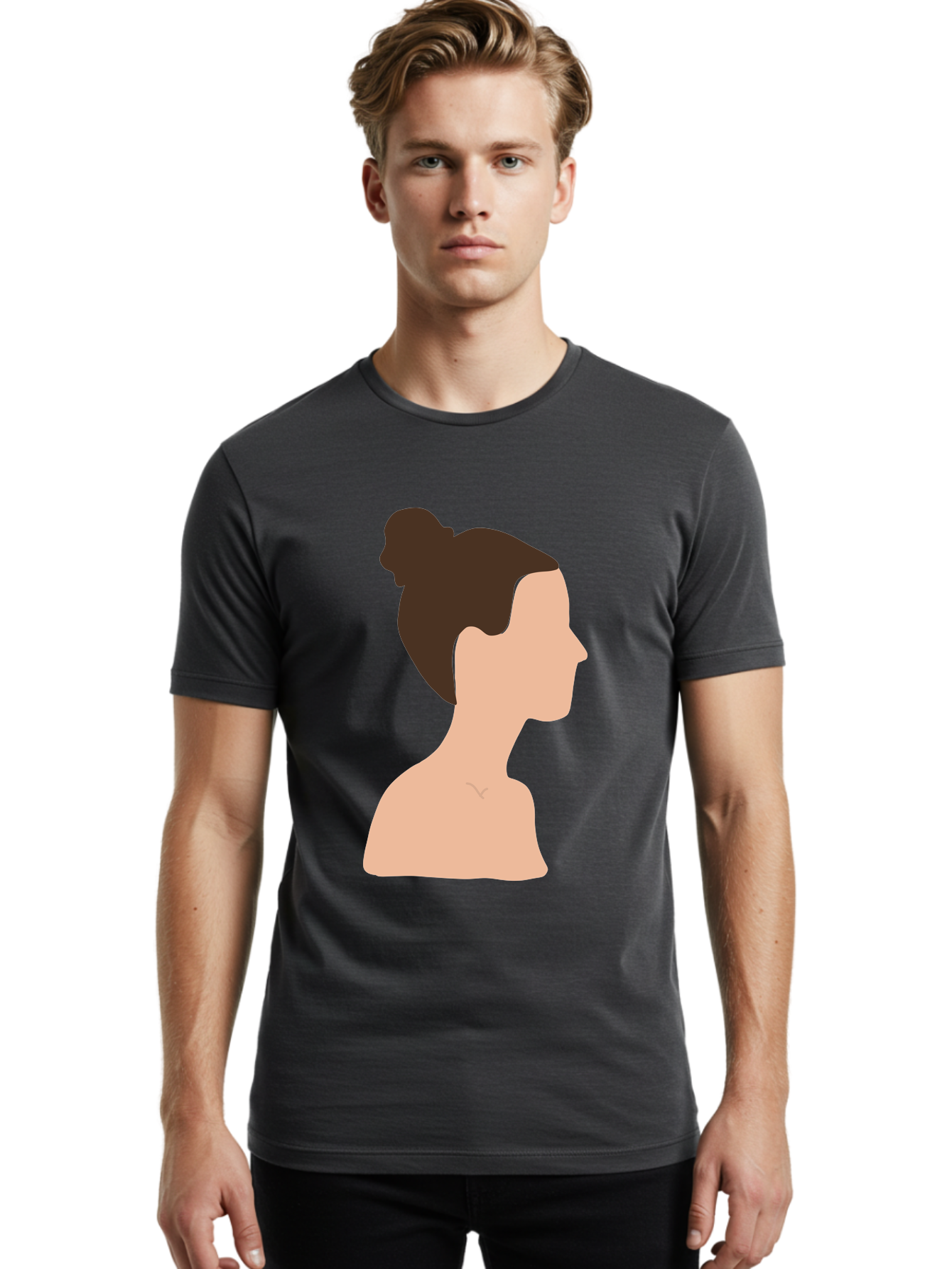 Woman-Profile-1 Men'S Graphic Tee, 100% Cotton, Comfortable Casual Summer Wear, Machine Washable, Woman Profile, Minimalist Portrait, Simple Illustration, Dark Hair, Bun Hairstyle, Featureless Face, Bare Shoulders, Clean Design, Modern Art Aae064 6