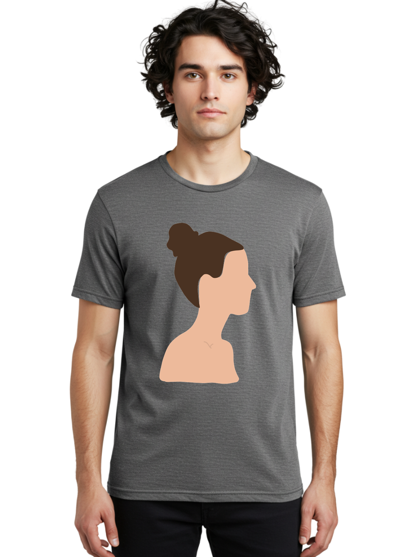 Woman-Profile-1 Men'S Graphic Tee, 100% Cotton, Comfortable Casual Summer Wear, Machine Washable, Woman Profile, Minimalist Portrait, Simple Illustration, Dark Hair, Bun Hairstyle, Featureless Face, Bare Shoulders, Clean Design, Modern Art Aae064 14