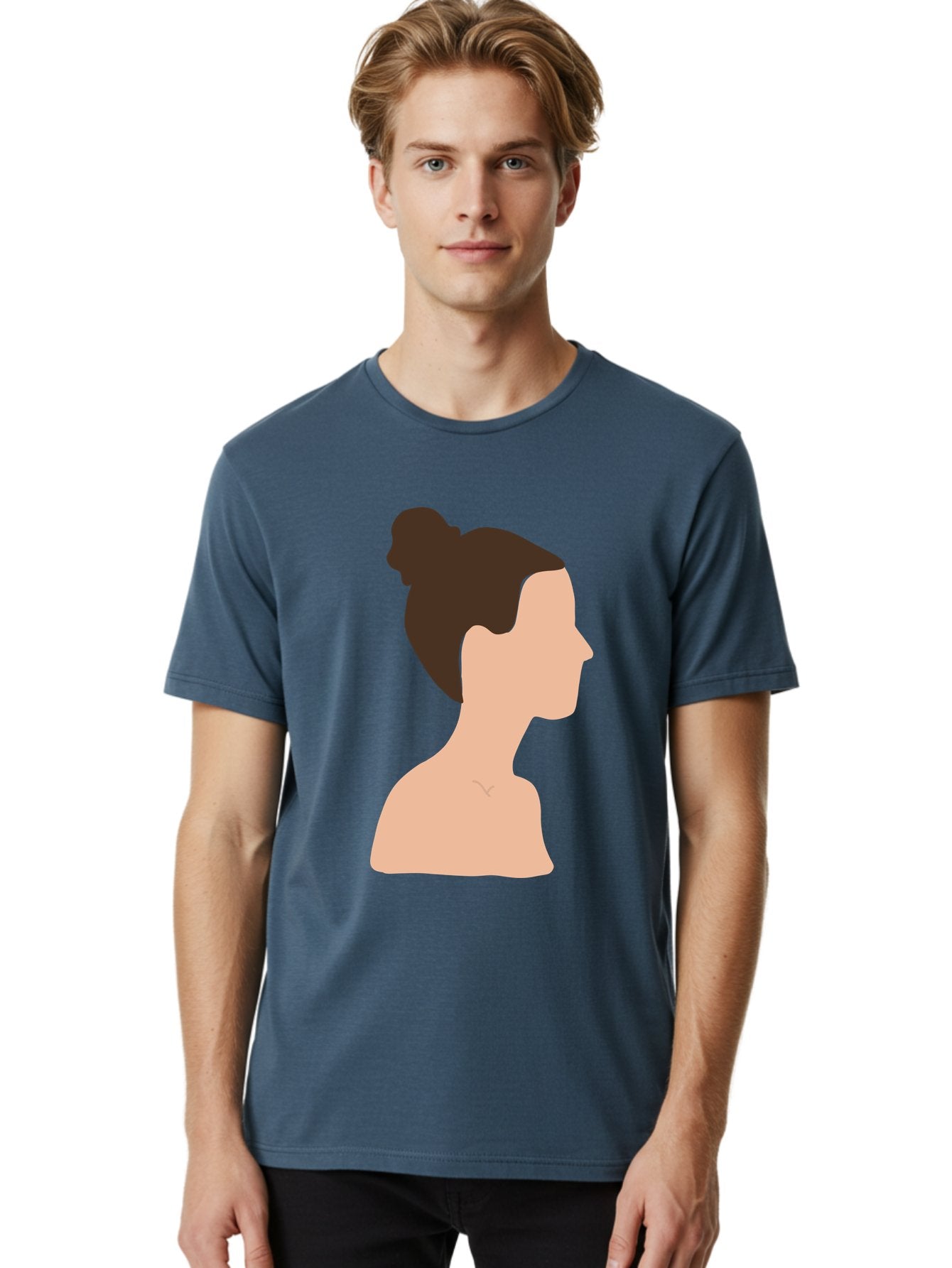 Woman-Profile-1 Men'S Graphic Tee, 100% Cotton, Comfortable Casual Summer Wear, Machine Washable, Woman Profile, Minimalist Portrait, Simple Illustration, Dark Hair, Bun Hairstyle, Featureless Face, Bare Shoulders, Clean Design, Modern Art Aae064 16