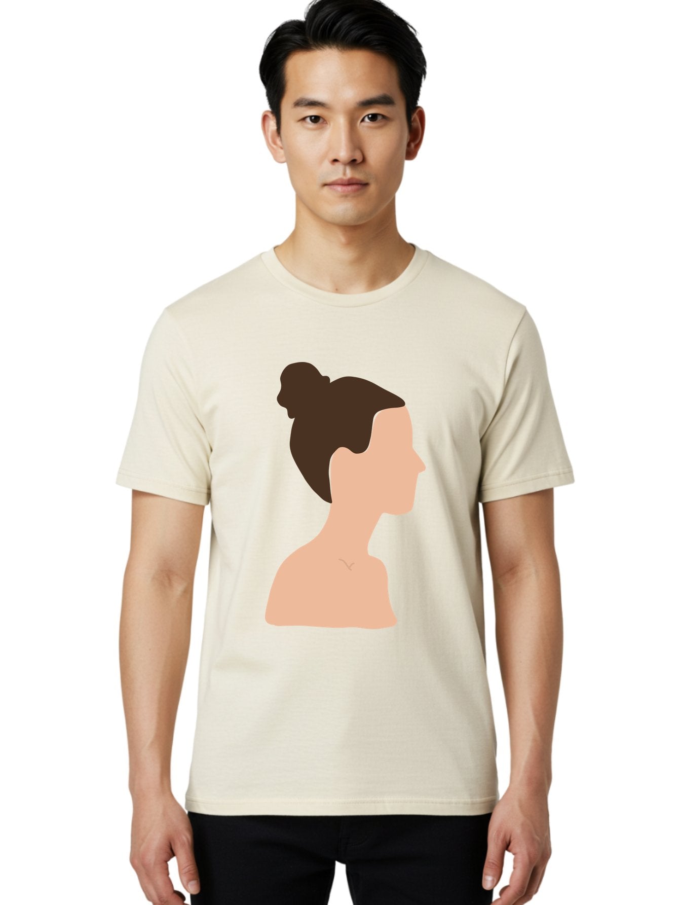 Woman-Profile-1 Men'S Graphic Tee, 100% Cotton, Comfortable Casual Summer Wear, Machine Washable, Woman Profile, Minimalist Portrait, Simple Illustration, Dark Hair, Bun Hairstyle, Featureless Face, Bare Shoulders, Clean Design, Modern Art Aae064 17