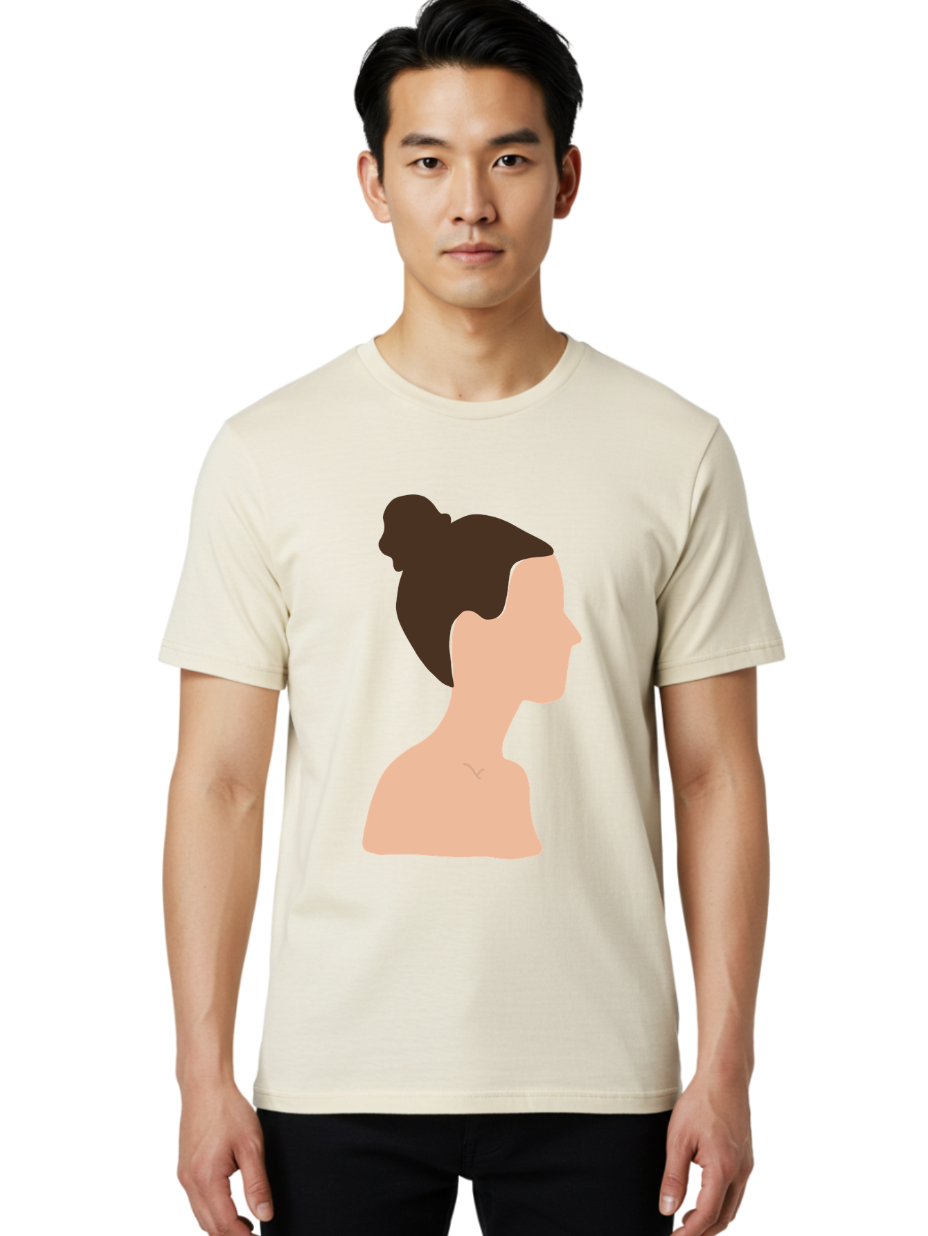 Woman-Profile-1 Men'S Graphic Tee, 100% Cotton, Comfortable Casual Summer Wear, Machine Washable, Woman Profile, Minimalist Portrait, Simple Illustration, Dark Hair, Bun Hairstyle, Featureless Face, Bare Shoulders, Clean Design, Modern Art Aae064 28
