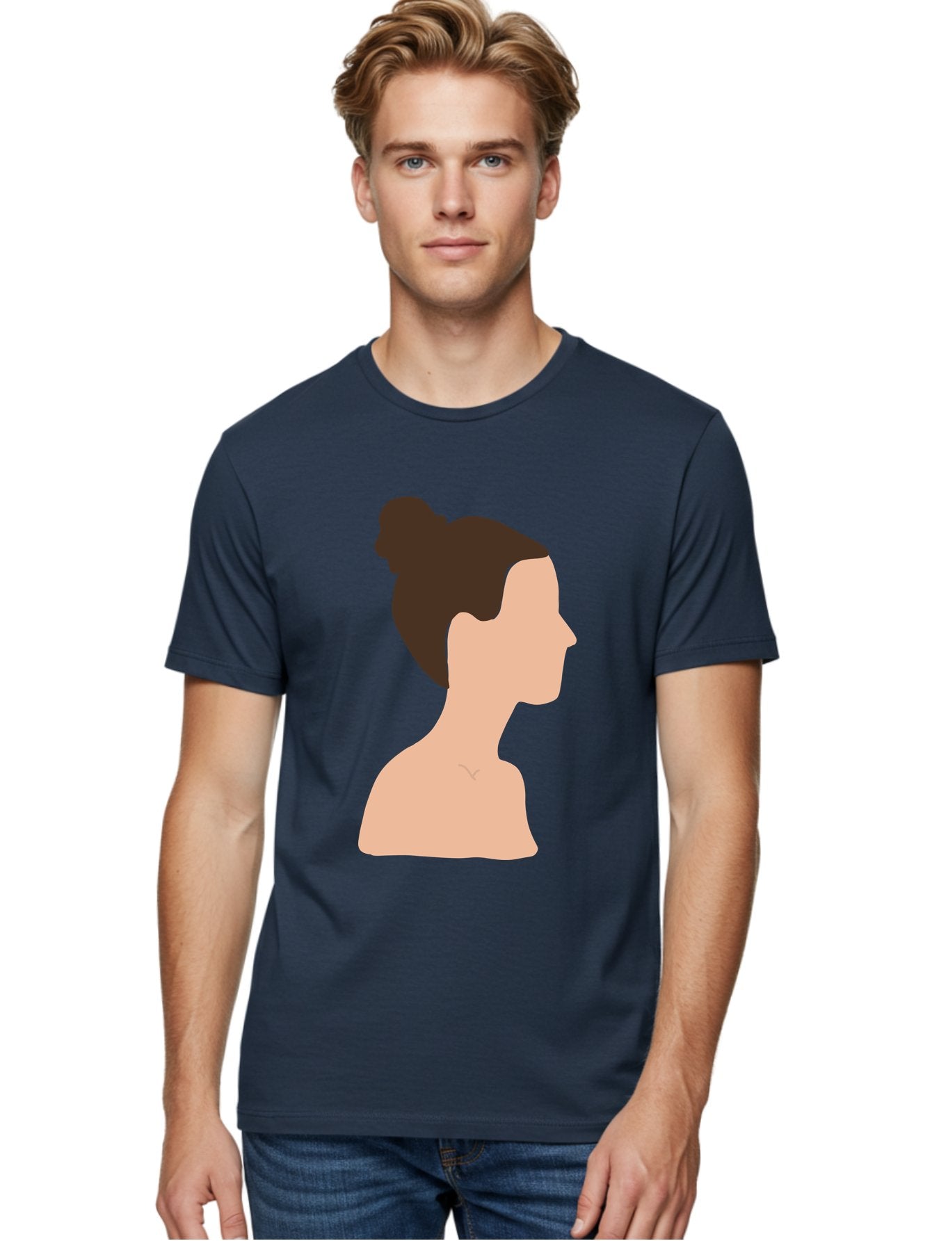 Woman-Profile-1 Men'S Graphic Tee, 100% Cotton, Comfortable Casual Summer Wear, Machine Washable, Woman Profile, Minimalist Portrait, Simple Illustration, Dark Hair, Bun Hairstyle, Featureless Face, Bare Shoulders, Clean Design, Modern Art Aae064 29