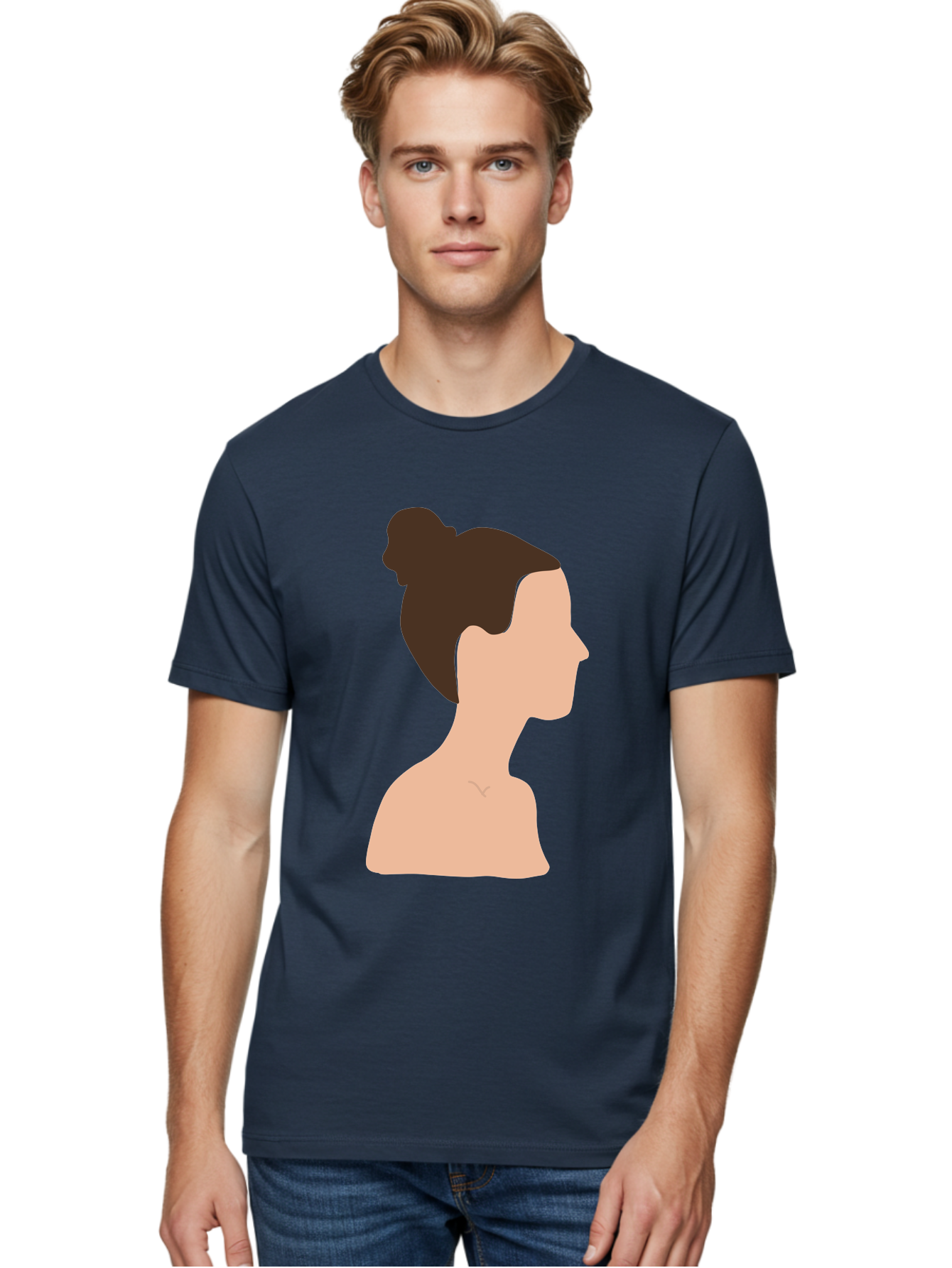 Woman-Profile-1 Men'S Graphic Tee, 100% Cotton, Comfortable Casual Summer Wear, Machine Washable, Woman Profile, Minimalist Portrait, Simple Illustration, Dark Hair, Bun Hairstyle, Featureless Face, Bare Shoulders, Clean Design, Modern Art Aae064 4
